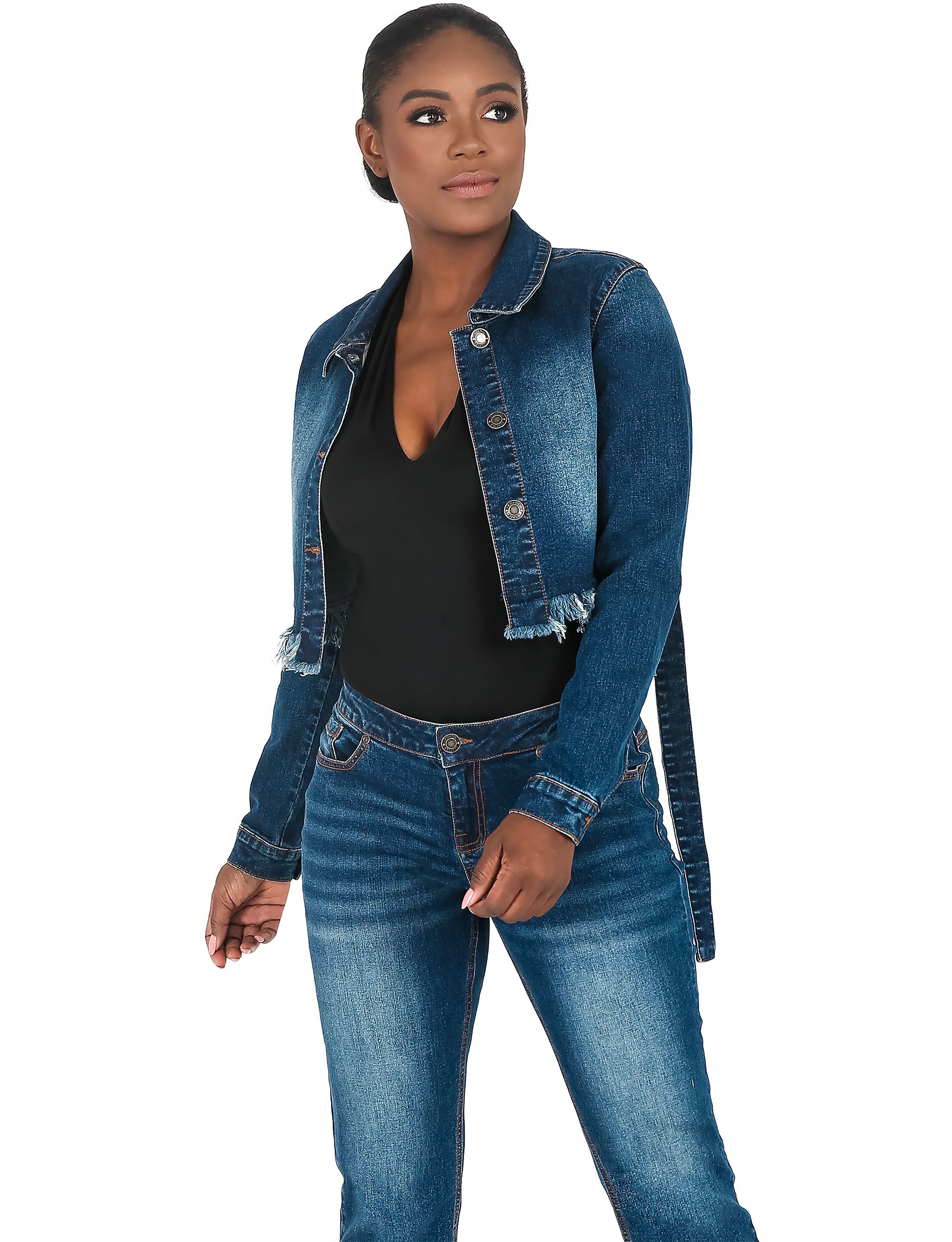 Strap Frayed Hem Indigo Tinted Cropped Jean JKT
