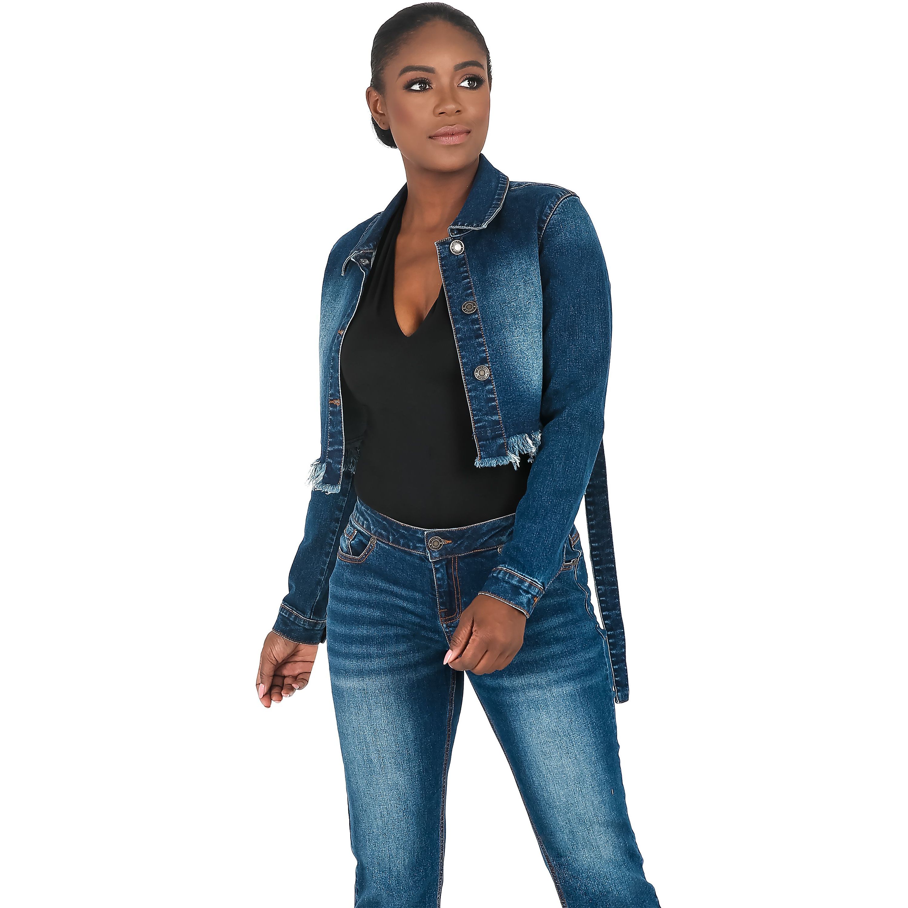 Strap Frayed Hem Indigo Tinted Cropped Jean JKT