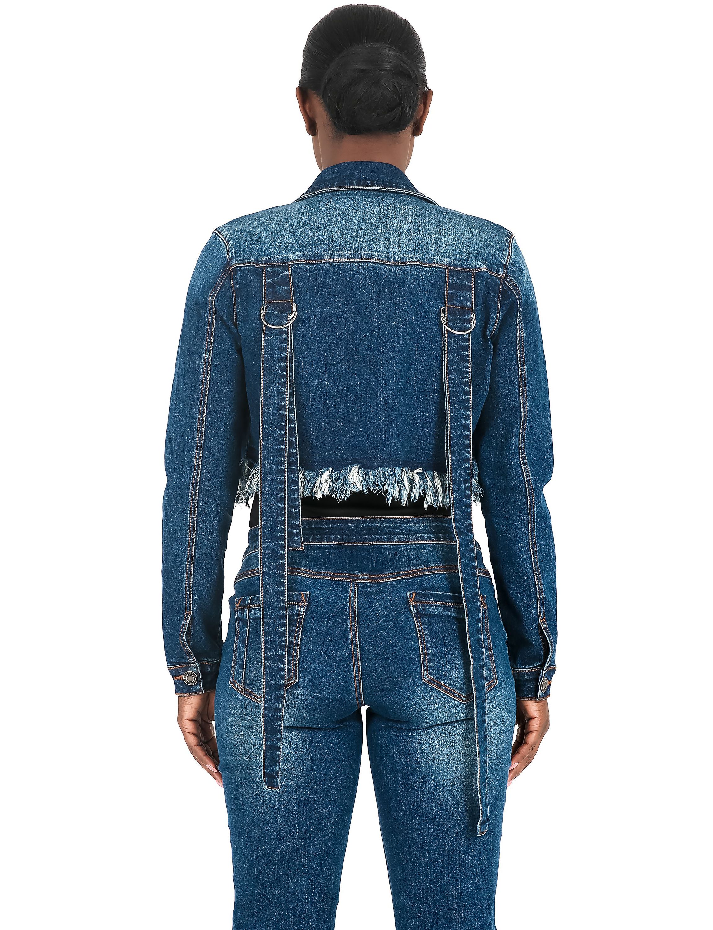 Strap Frayed Hem Indigo Tinted Cropped Jean JKT