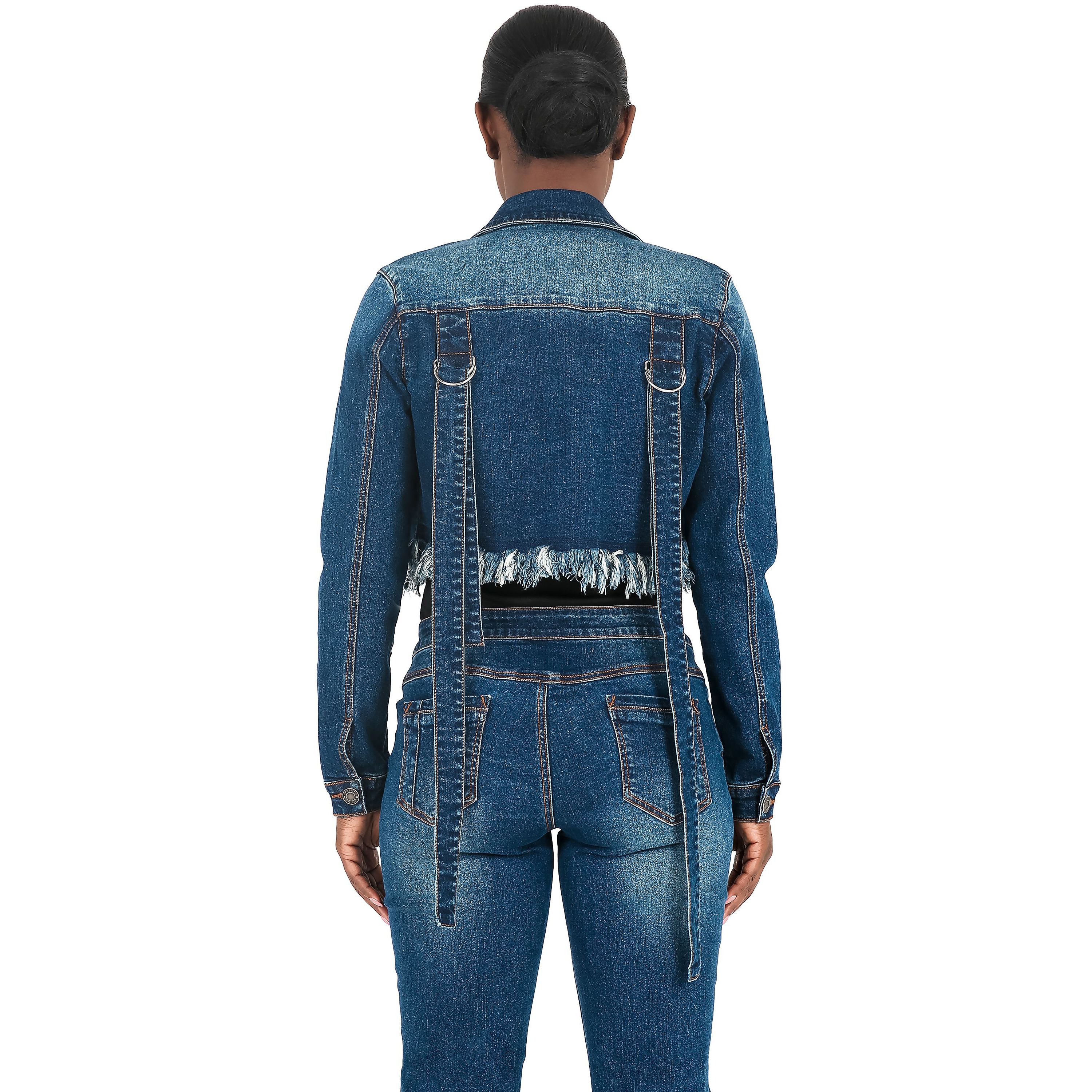 Strap Frayed Hem Indigo Tinted Cropped Jean JKT