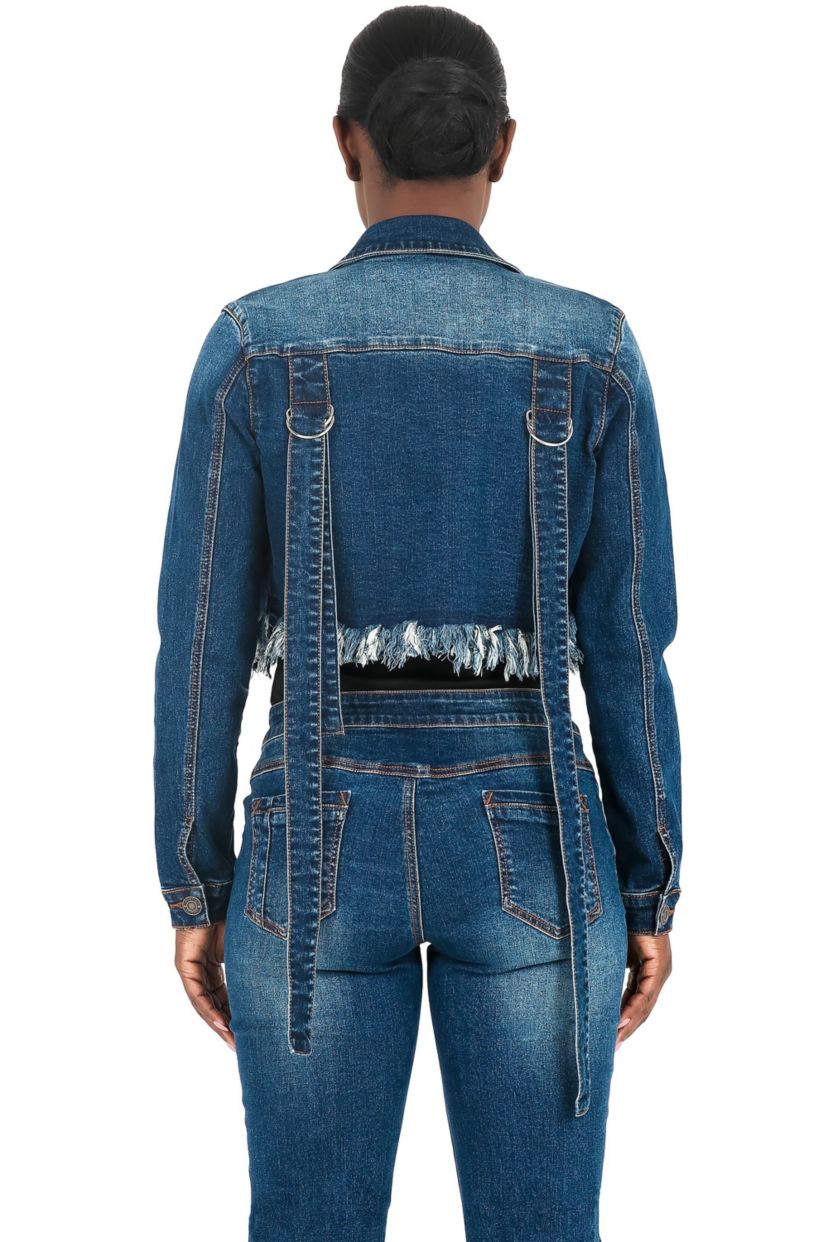 Strap Frayed Hem Indigo Tinted Cropped Jean JKT