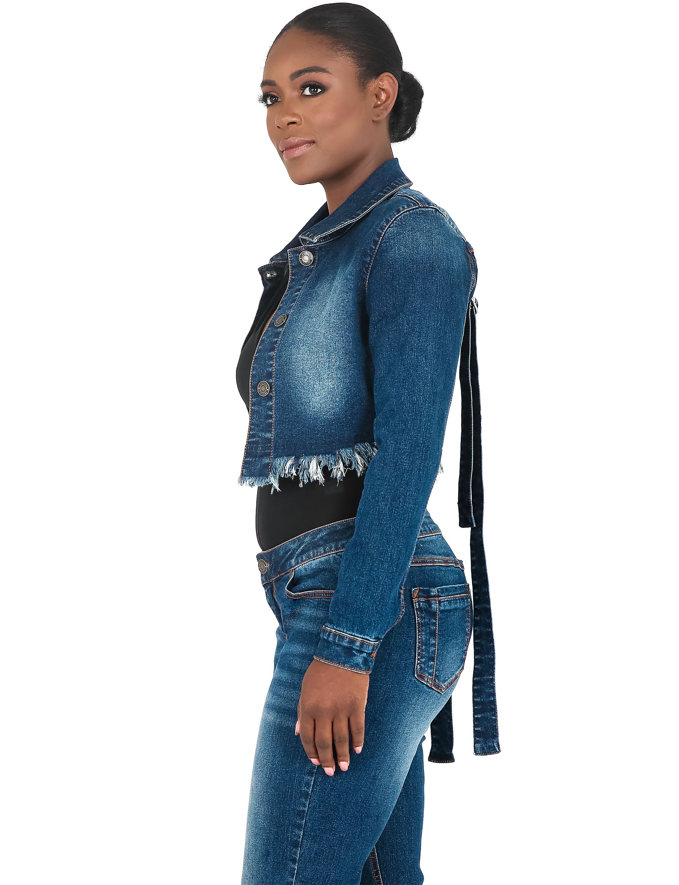 Strap Frayed Hem Indigo Tinted Cropped Jean JKT