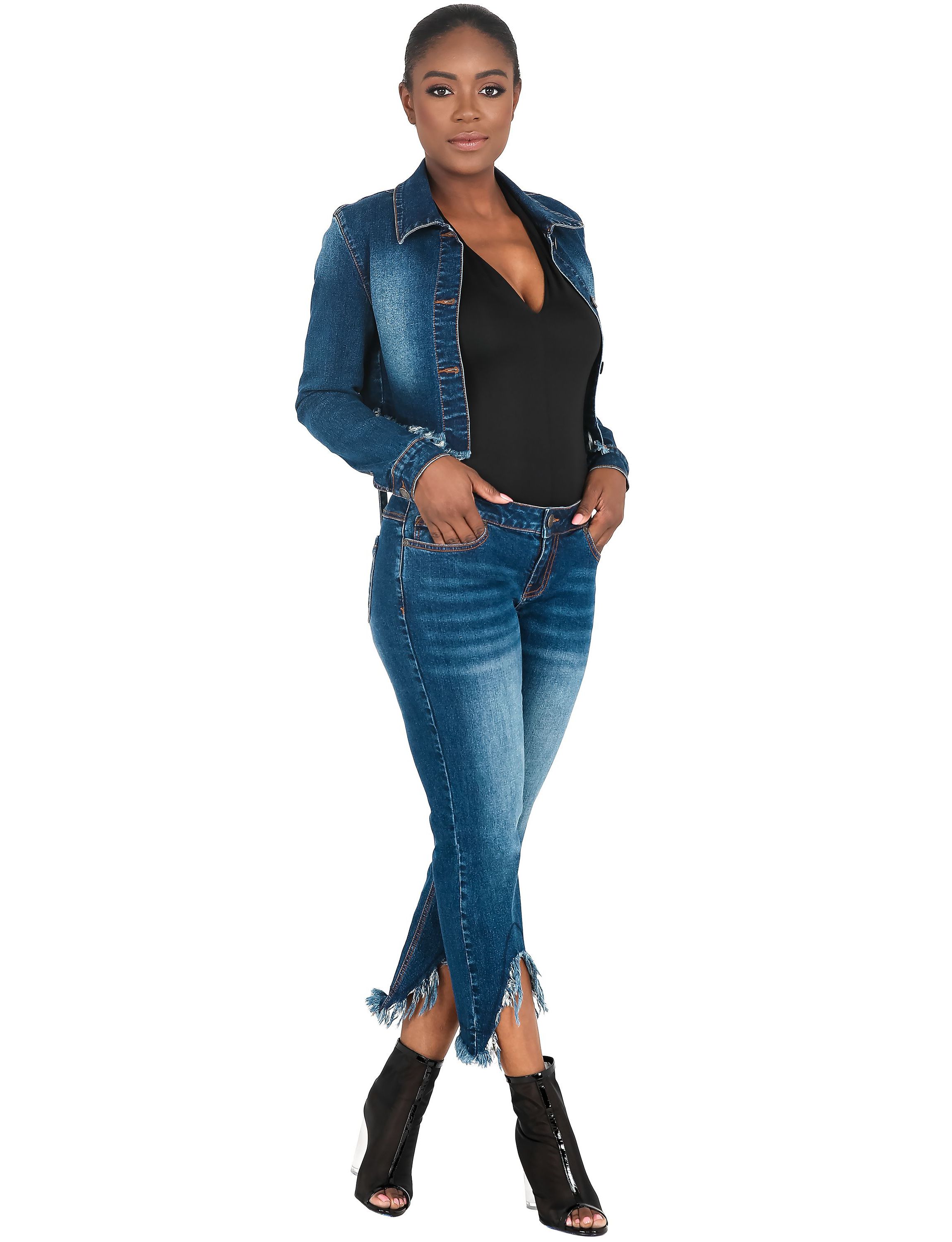 Strap Frayed Hem Indigo Tinted Cropped Jean JKT