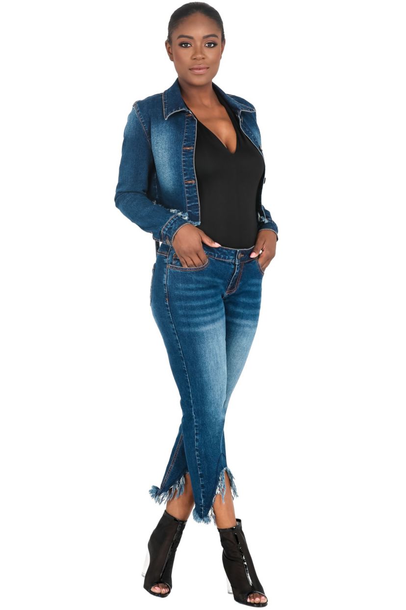 Strap Frayed Hem Indigo Tinted Cropped Jean JKT