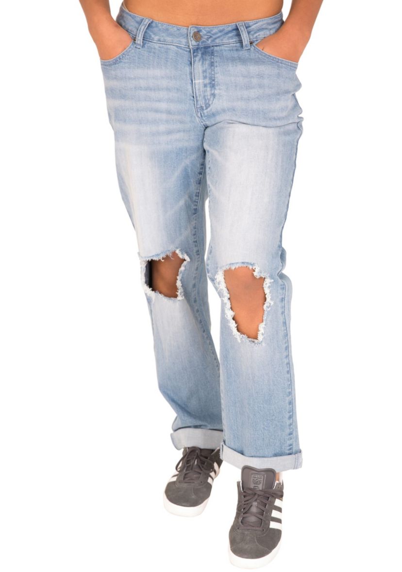 Curvy Fit Light Acid Wash Destroyed Boyfriend Jeans