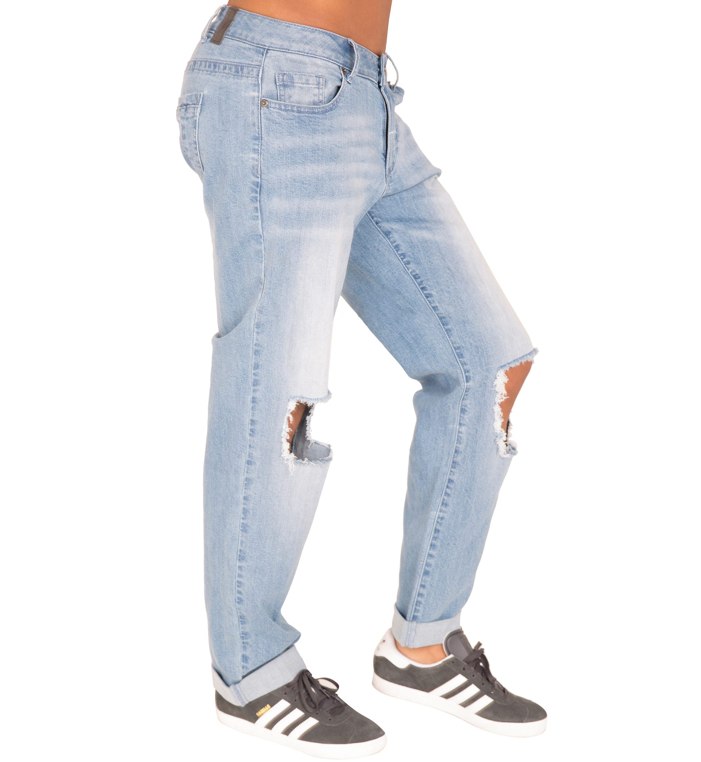 Curvy Fit Light Acid Wash Destroyed Boyfriend Jeans