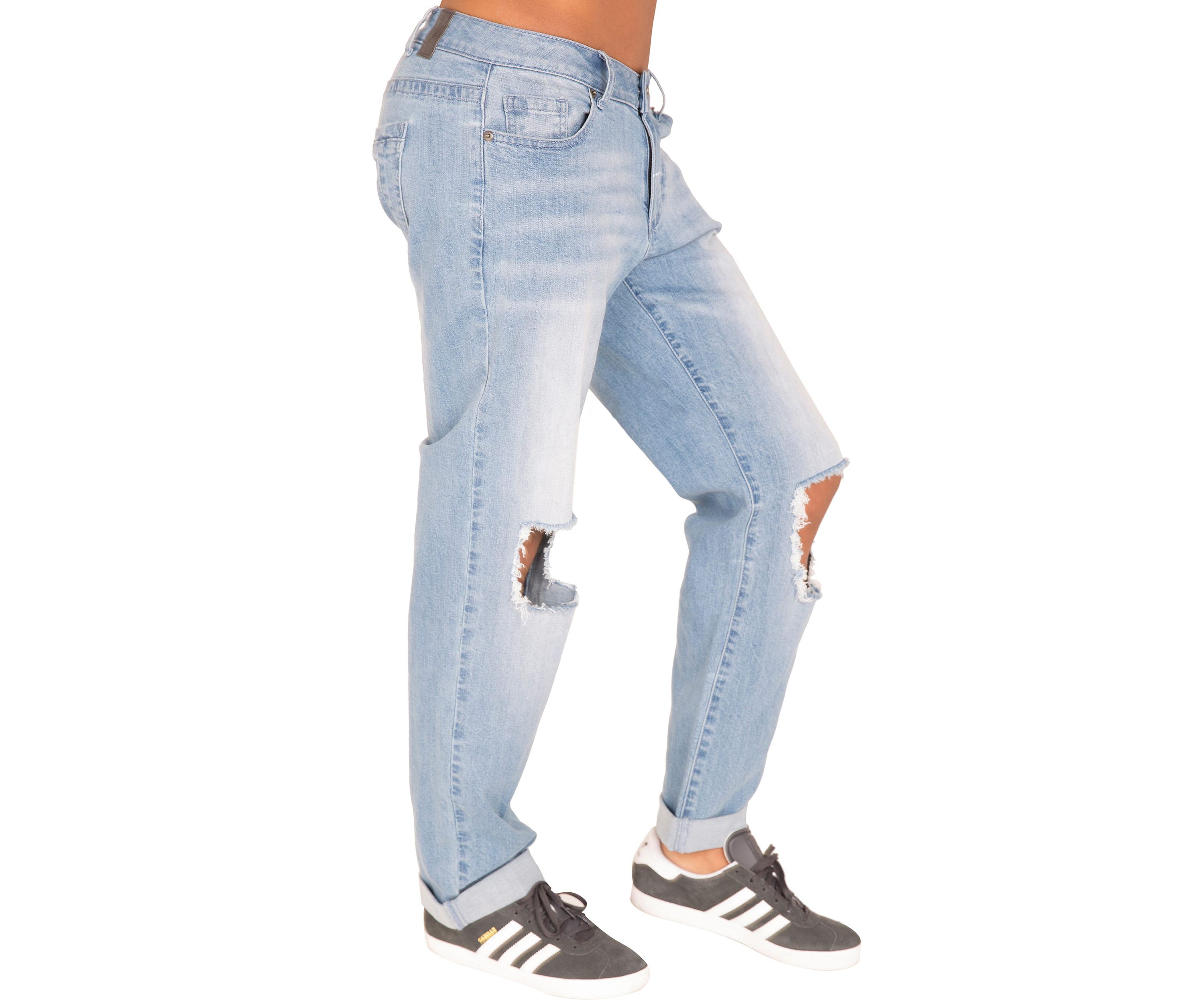 Curvy Fit Light Acid Wash Destroyed Boyfriend Jeans