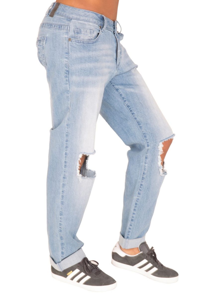 Curvy Fit Light Acid Wash Destroyed Boyfriend Jeans