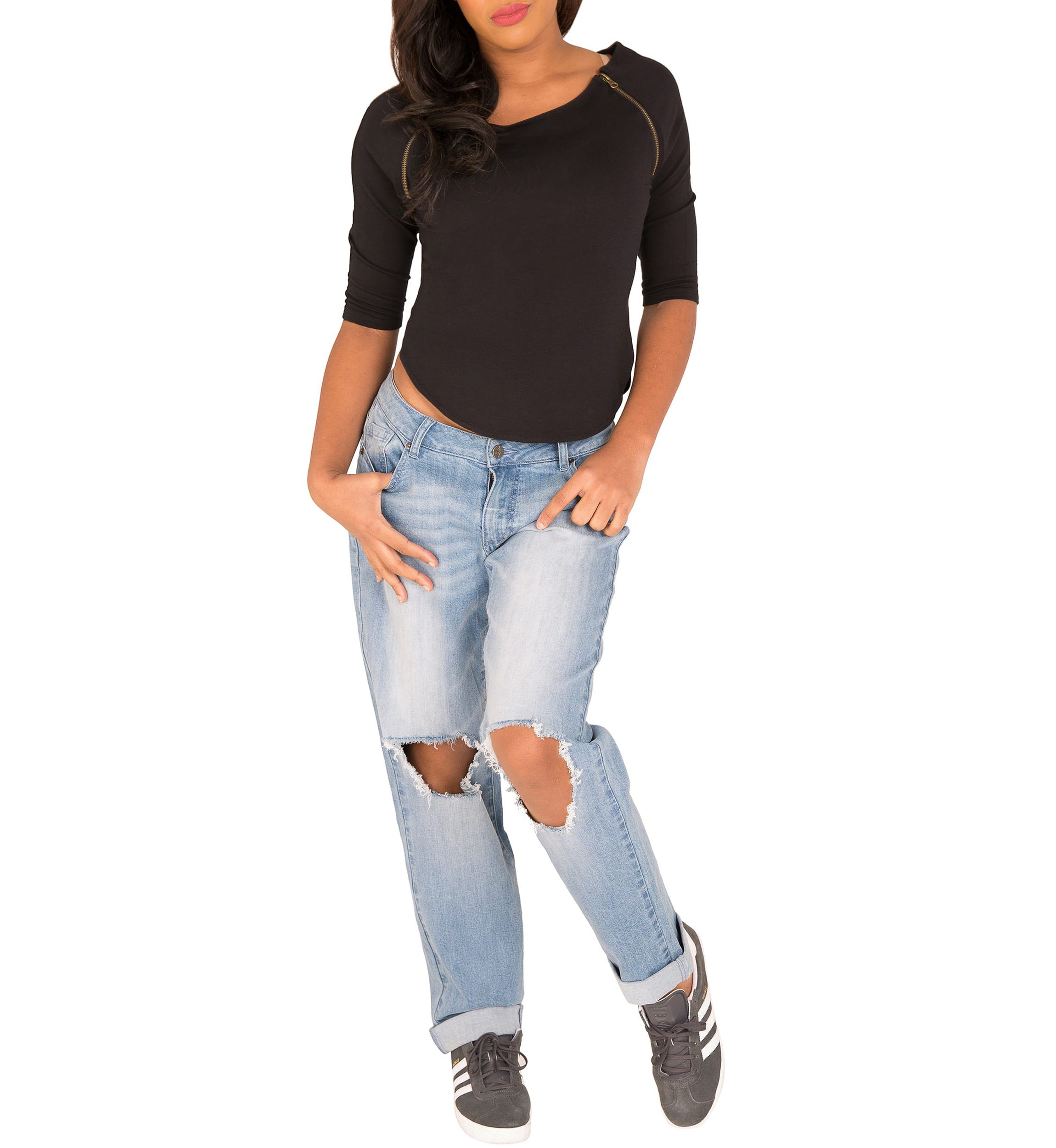 Curvy Fit Light Acid Wash Destroyed Boyfriend Jeans