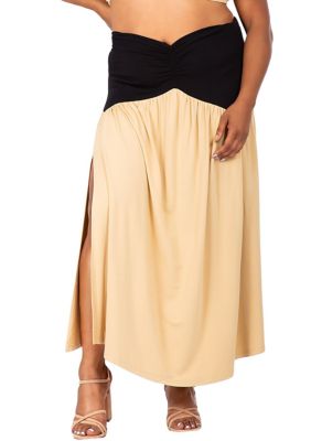 Poetic Justice Women's Plus Size V Waist A Line Side Slit Flared Maxi Skirt, Black, 3X