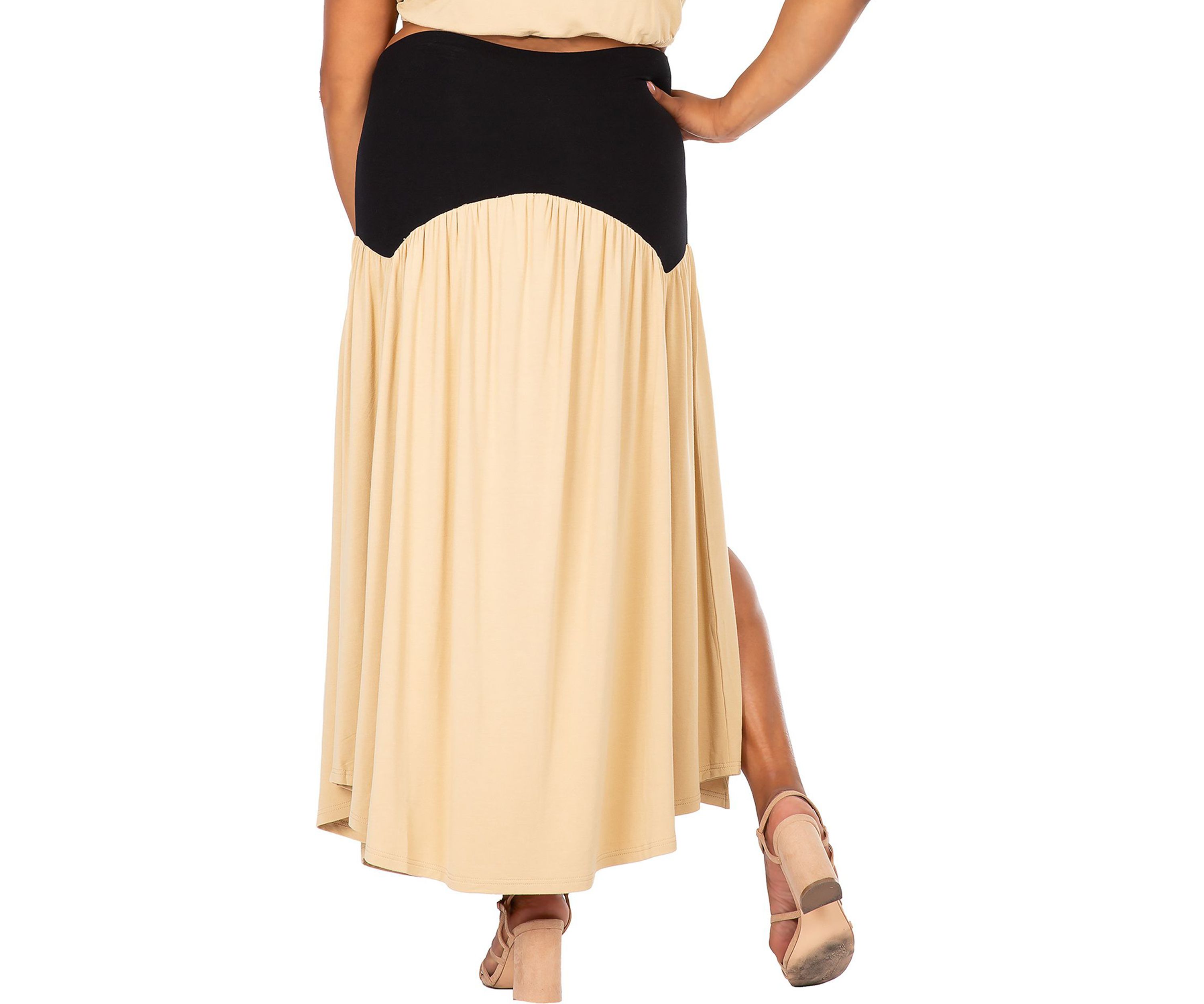 Womens Plus Size V Waist A Line Side Slit Flared Maxi Skirt