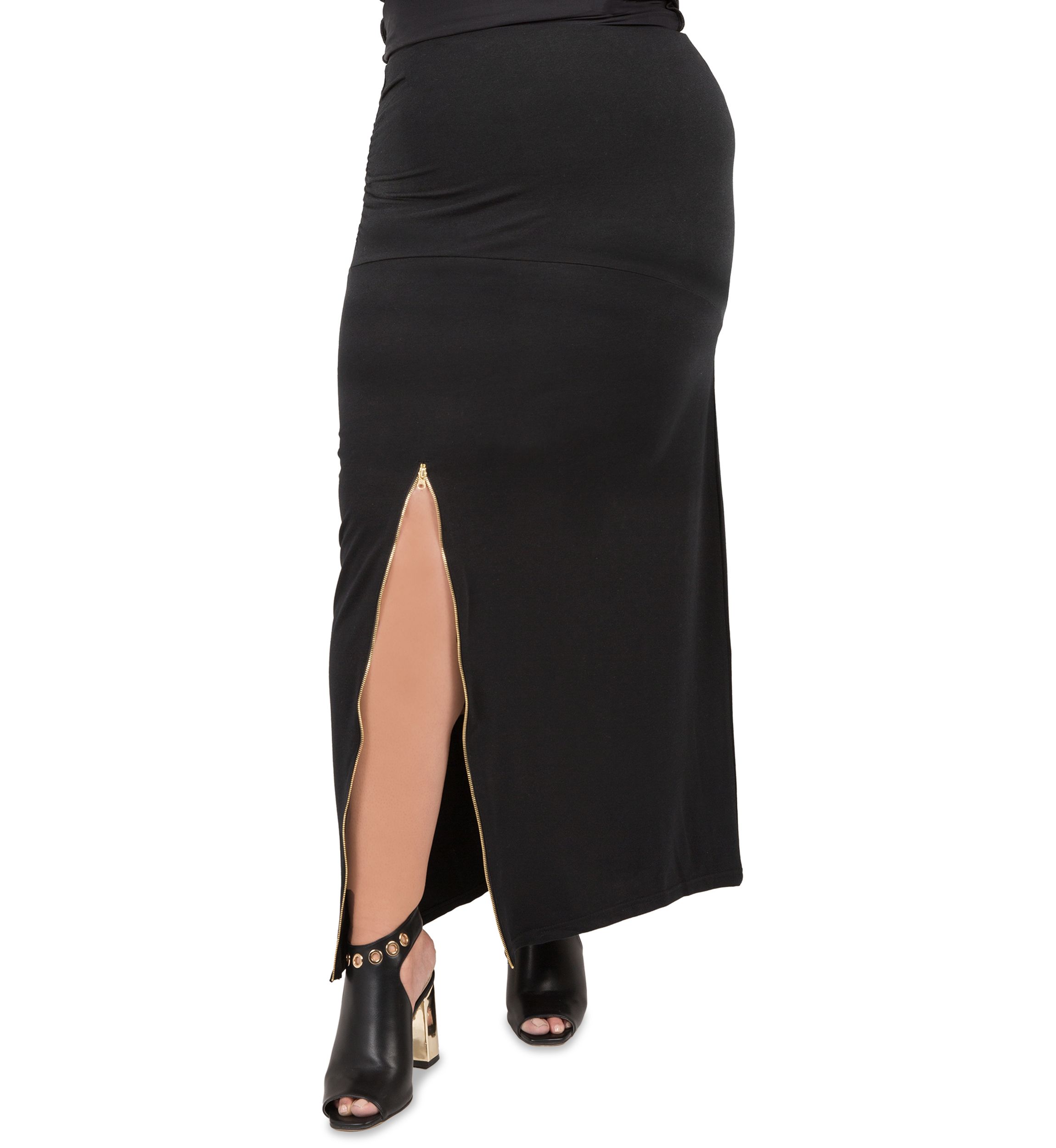 Plus Size Curvy Womens Black Stretch Maxi Skirt With Zip Up Split