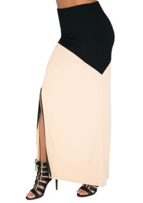 Poetic Justice Plus Size Curvy Womens Black Stretch Maxi Skirt With Zip Up Split, 1X