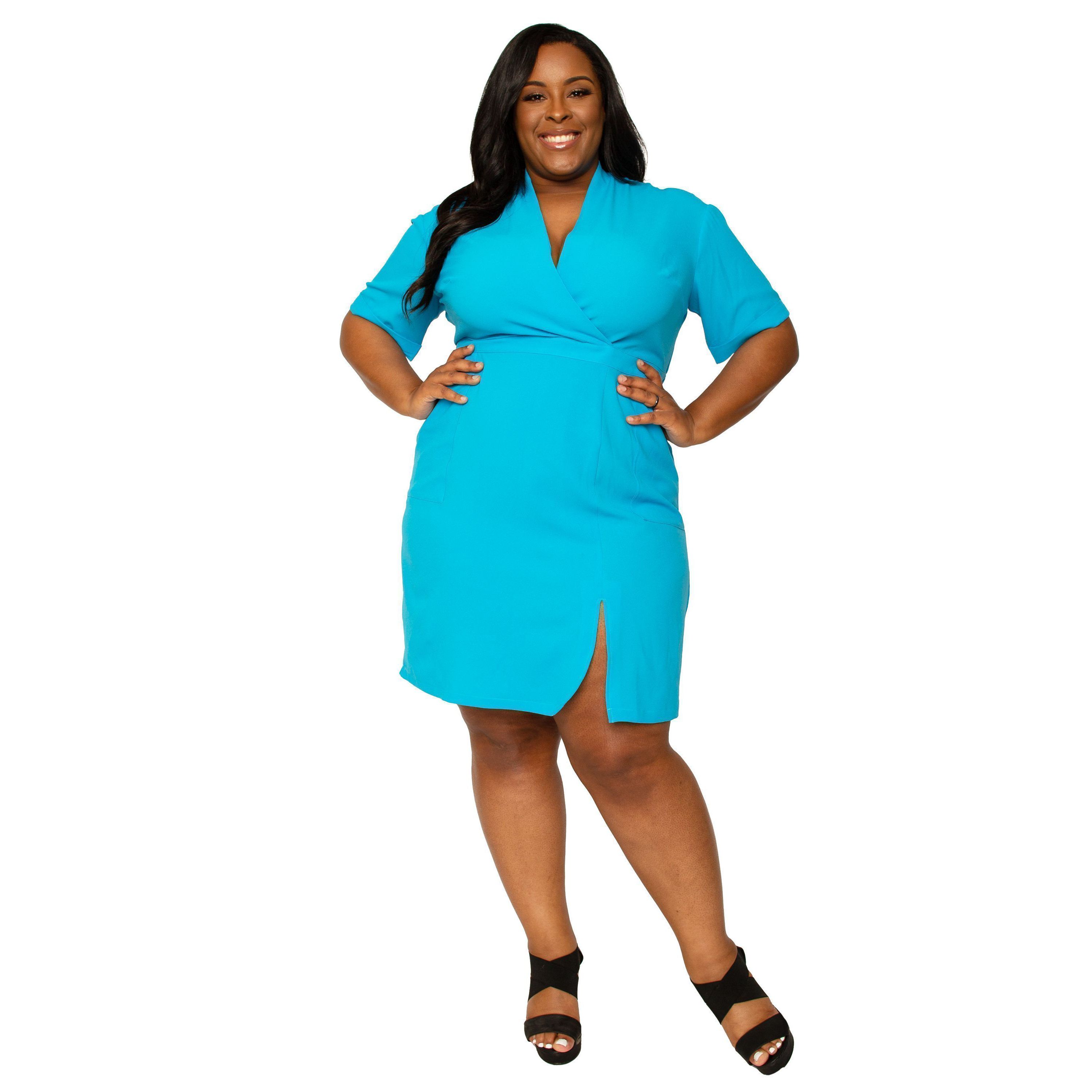 Womens Plus Size Wrap Neck Roll Sleeve Midi Dress