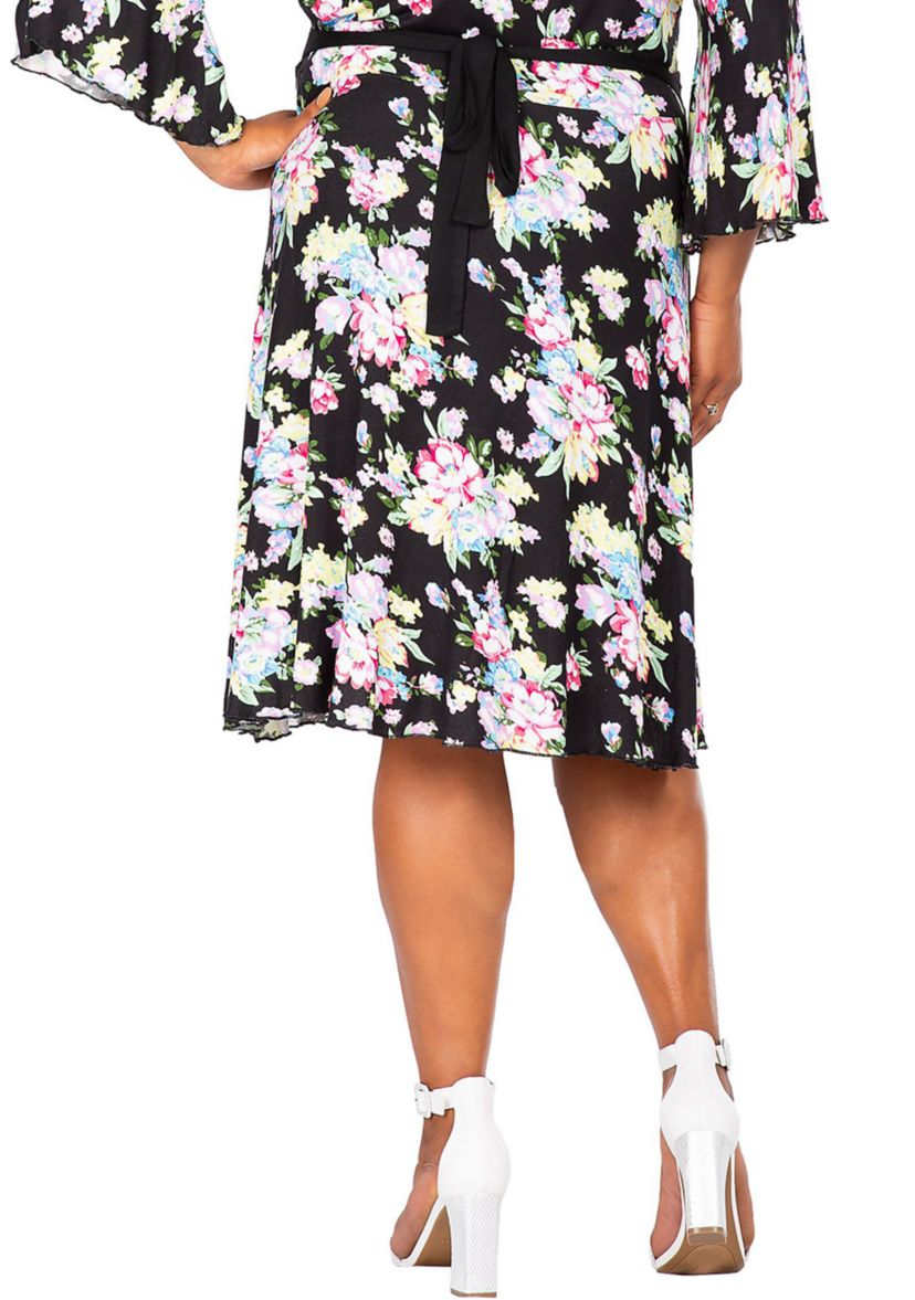 Womens Plus Size Spring Floral Print Bell Sleeves V Neck Casual Flowy Mini Dress