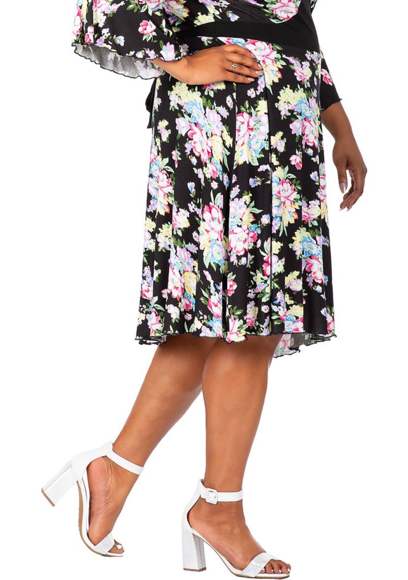 Womens Plus Size Spring Floral Print Bell Sleeves V Neck Casual Flowy Mini Dress