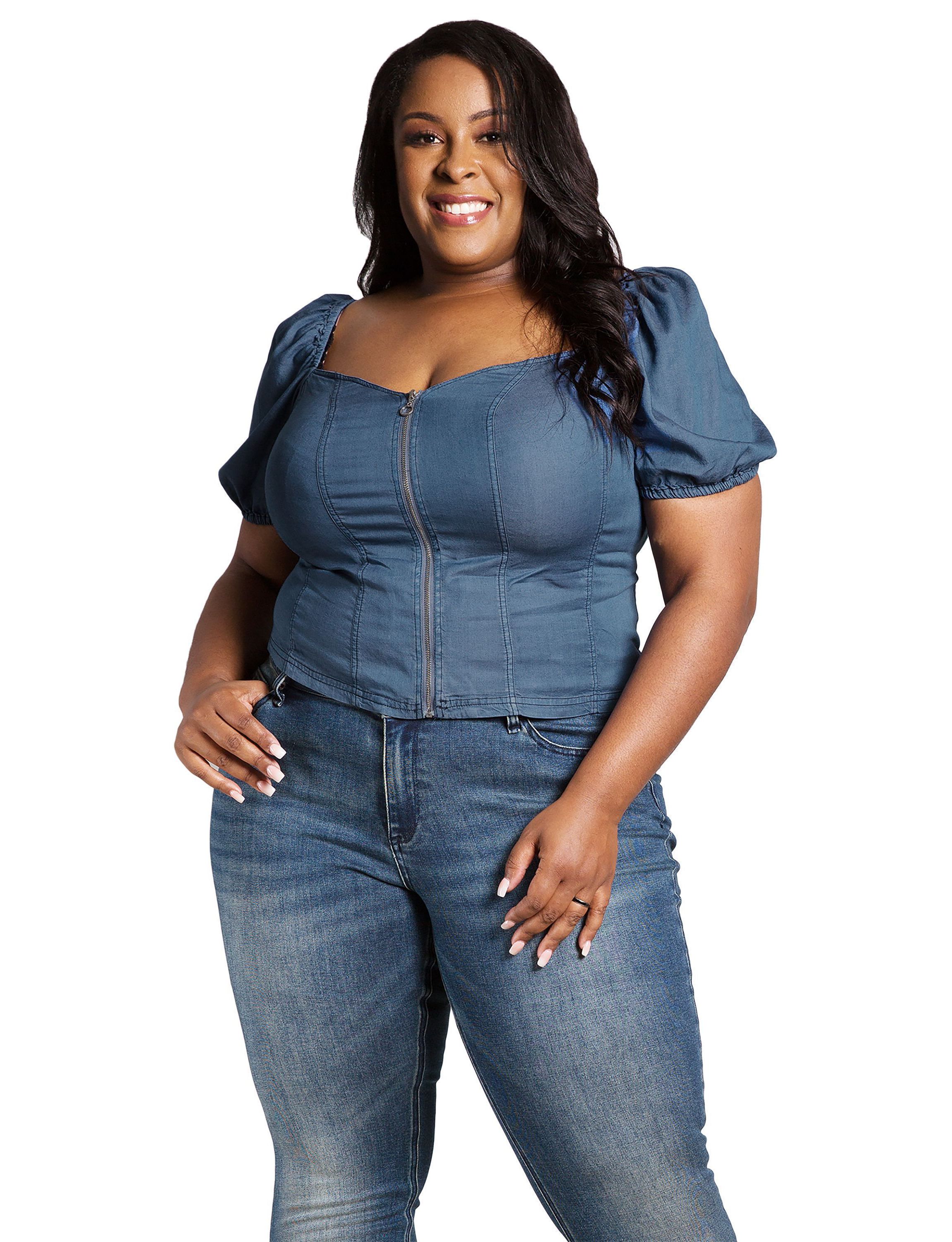 Poetic Justice Womens Plus Size Zip Front Puff Sleeves Tencel Corset Top