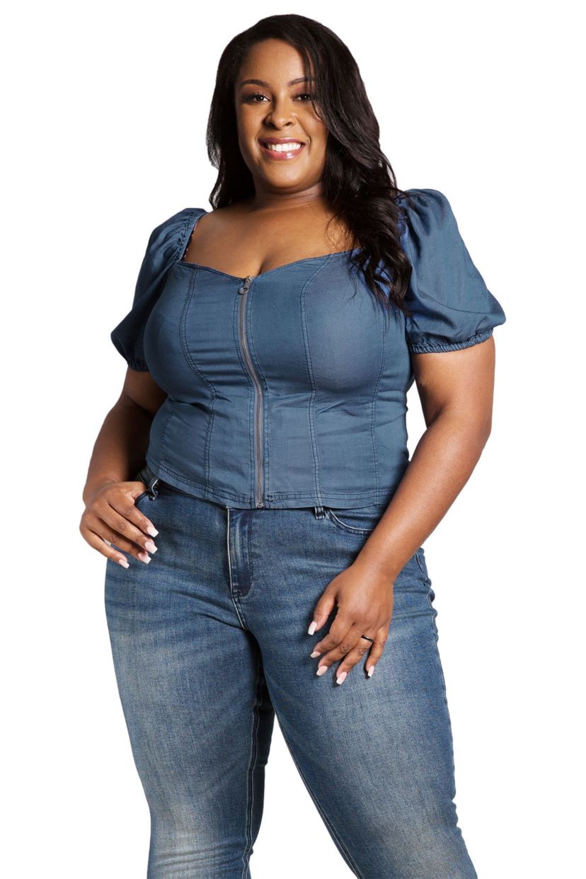 Poetic Justice Womens Plus Size Zip Front Puff Sleeves Tencel Corset Top