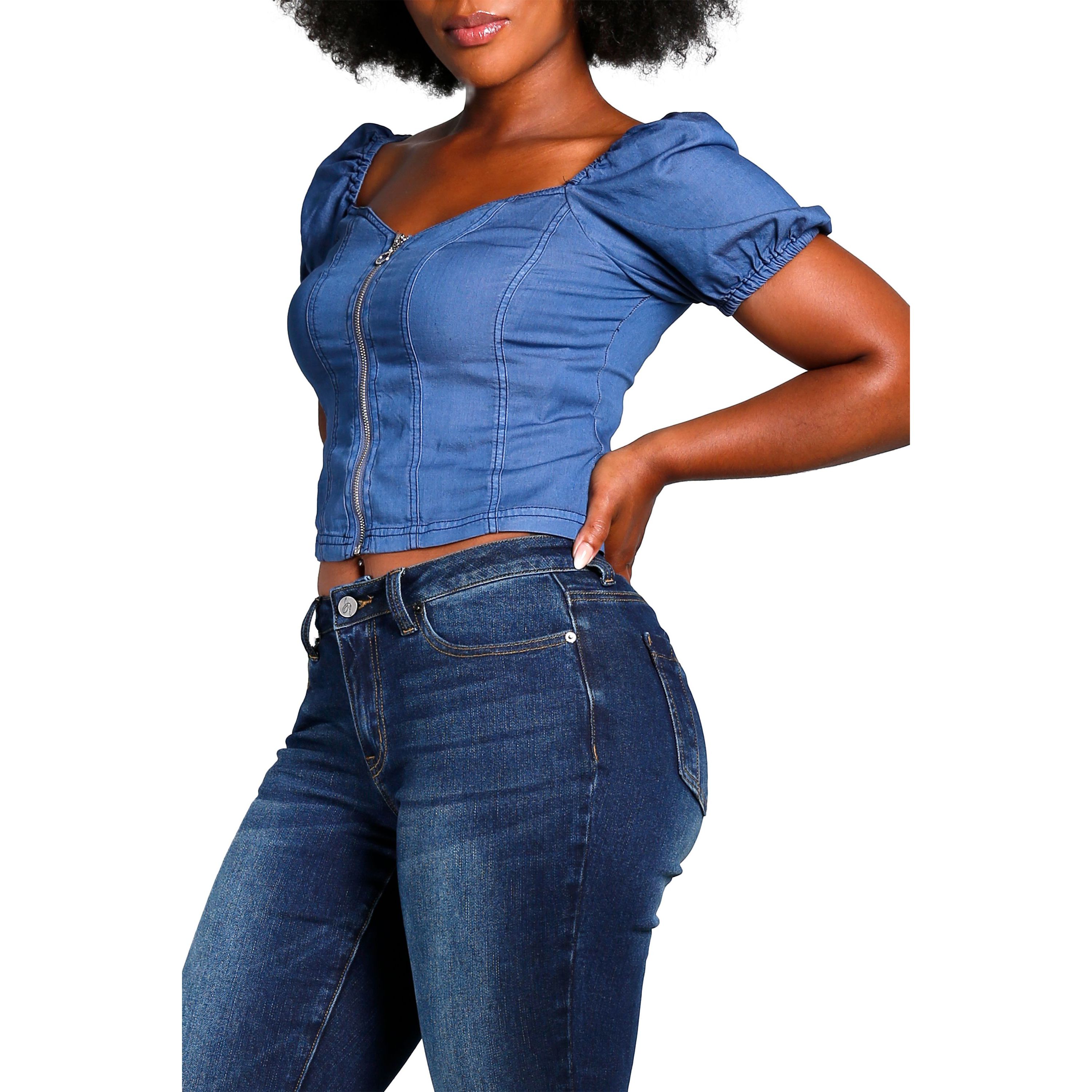 Poetic Justice Womens Zip Front Puff Sleeves Tencel Corset Top