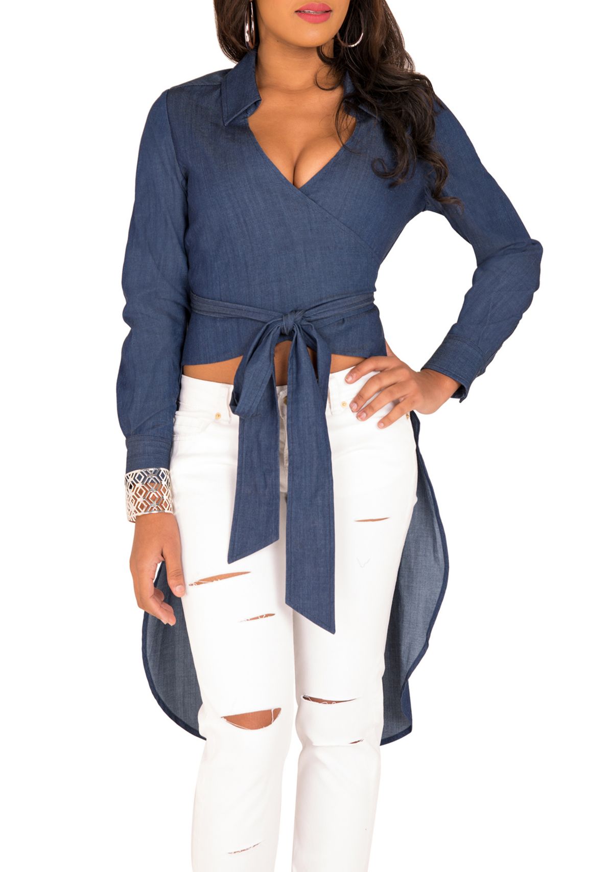 Poetic Justice Curvy Womens Tencel Denim High-Low Wrap Shirt With Fishtail