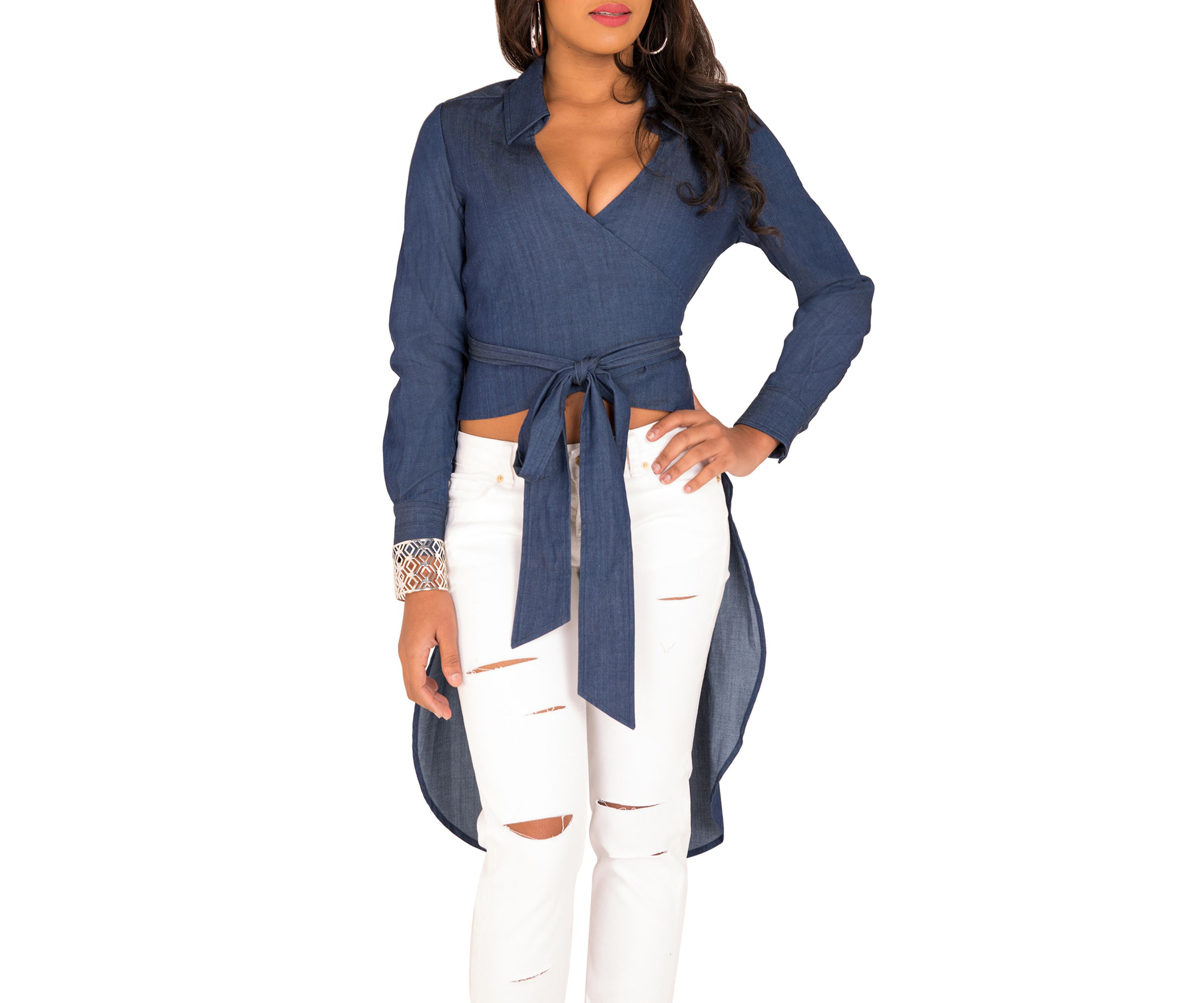 Poetic Justice Curvy Womens Tencel Denim High-Low Wrap Shirt With Fishtail
