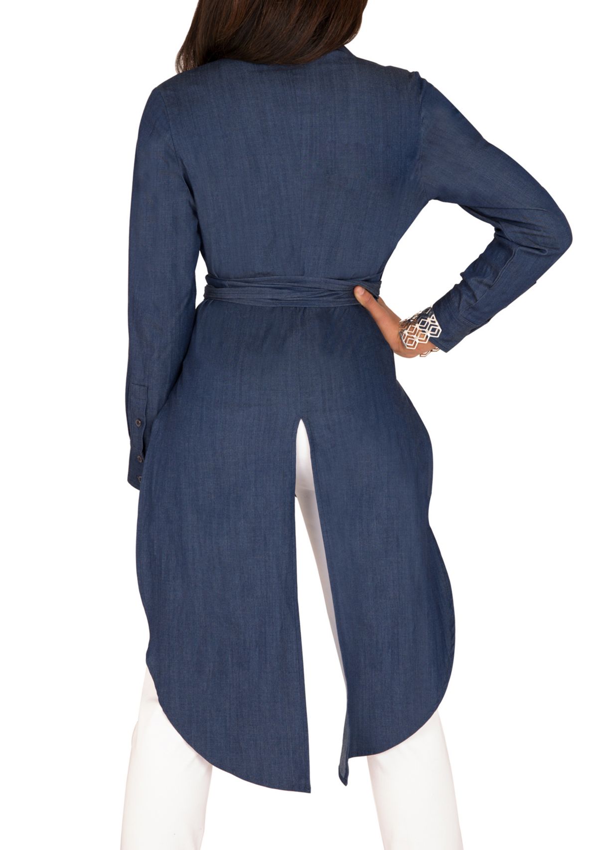 Poetic Justice Curvy Womens Tencel Denim High-Low Wrap Shirt With Fishtail