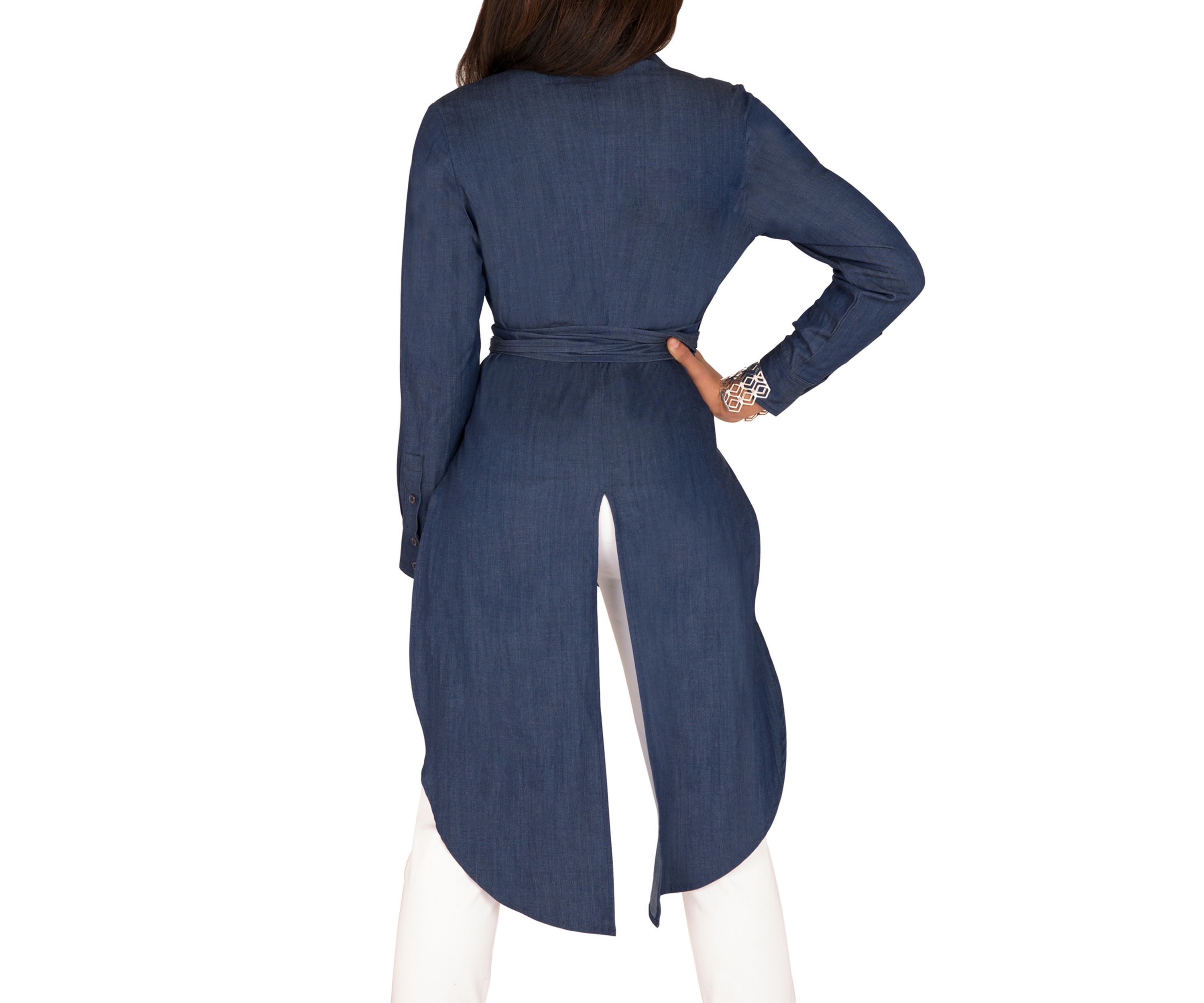 Poetic Justice Curvy Womens Tencel Denim High-Low Wrap Shirt With Fishtail