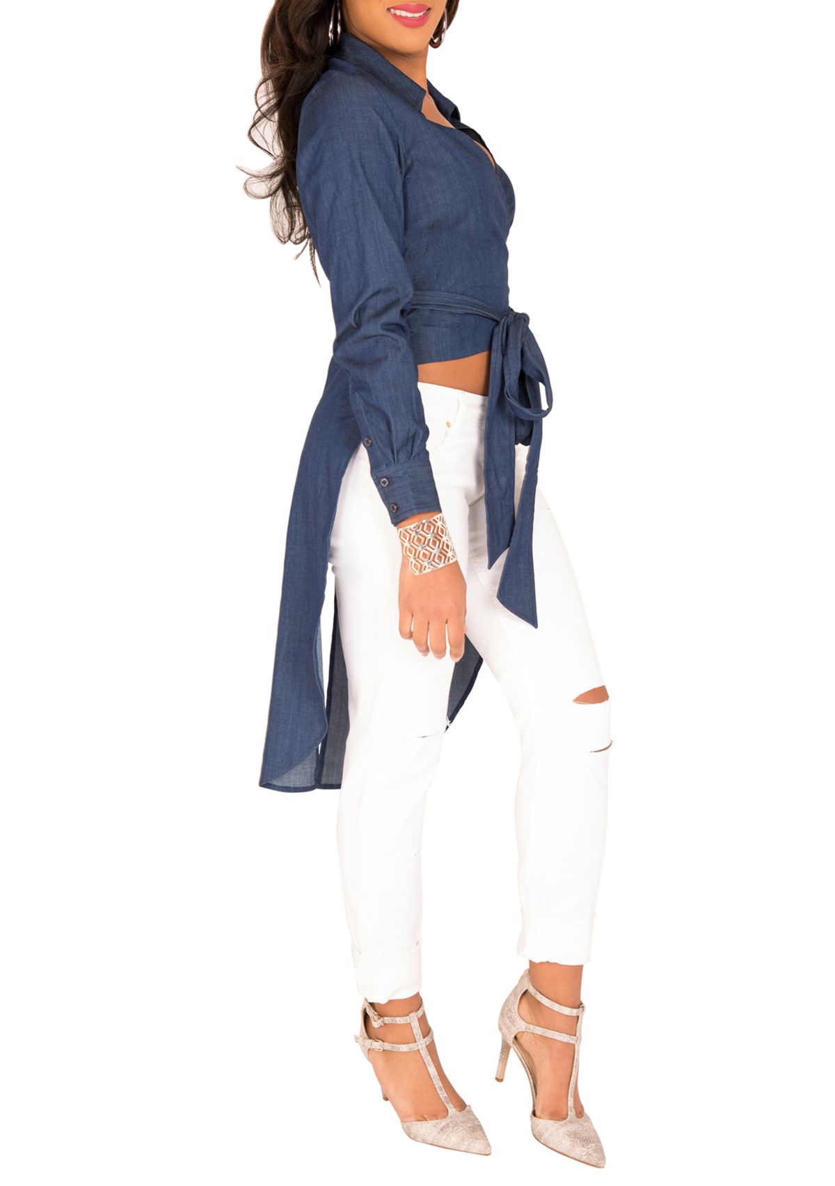Poetic Justice Curvy Womens Tencel Denim High-Low Wrap Shirt With Fishtail