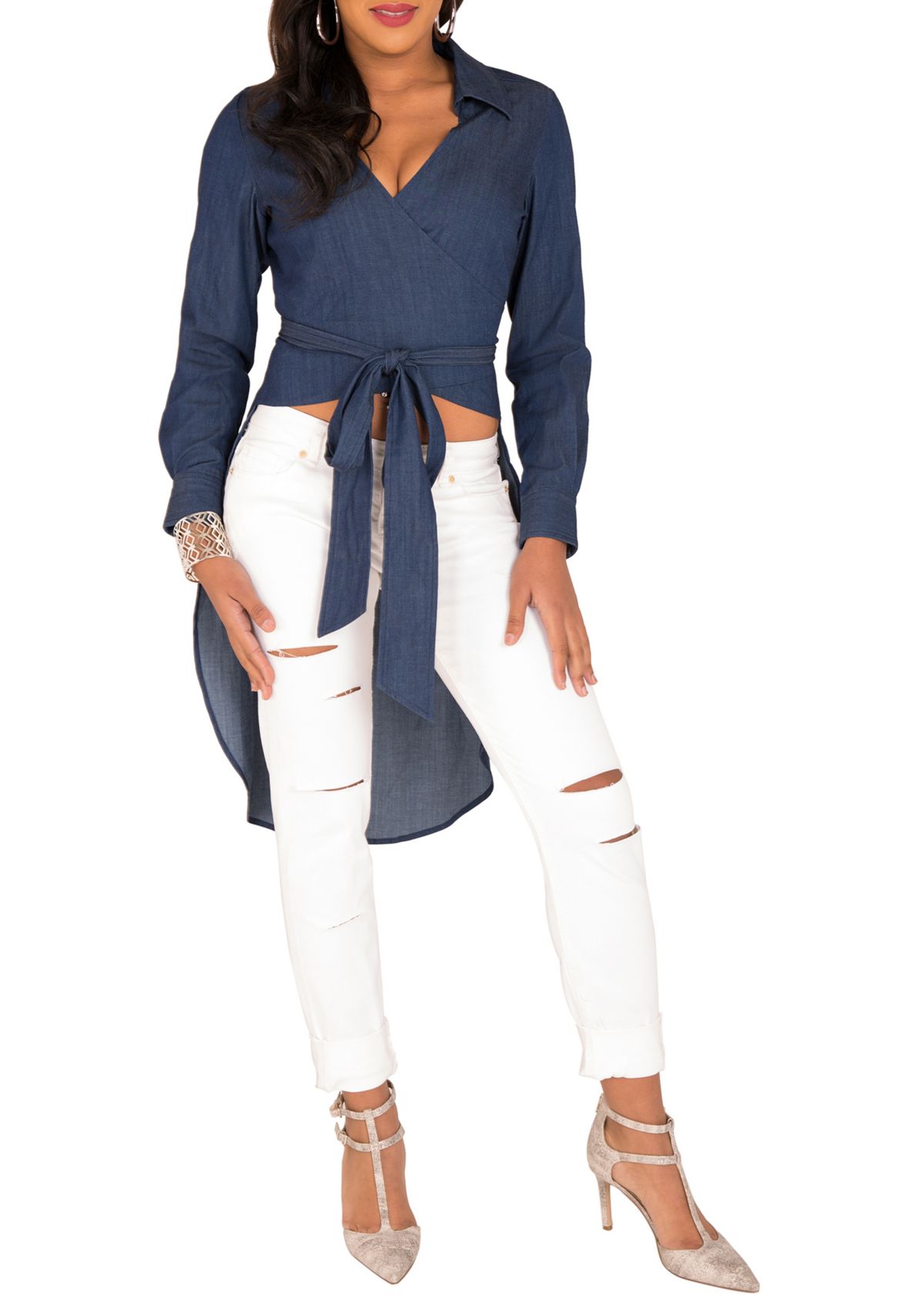 Poetic Justice Curvy Womens Tencel Denim High-Low Wrap Shirt With Fishtail
