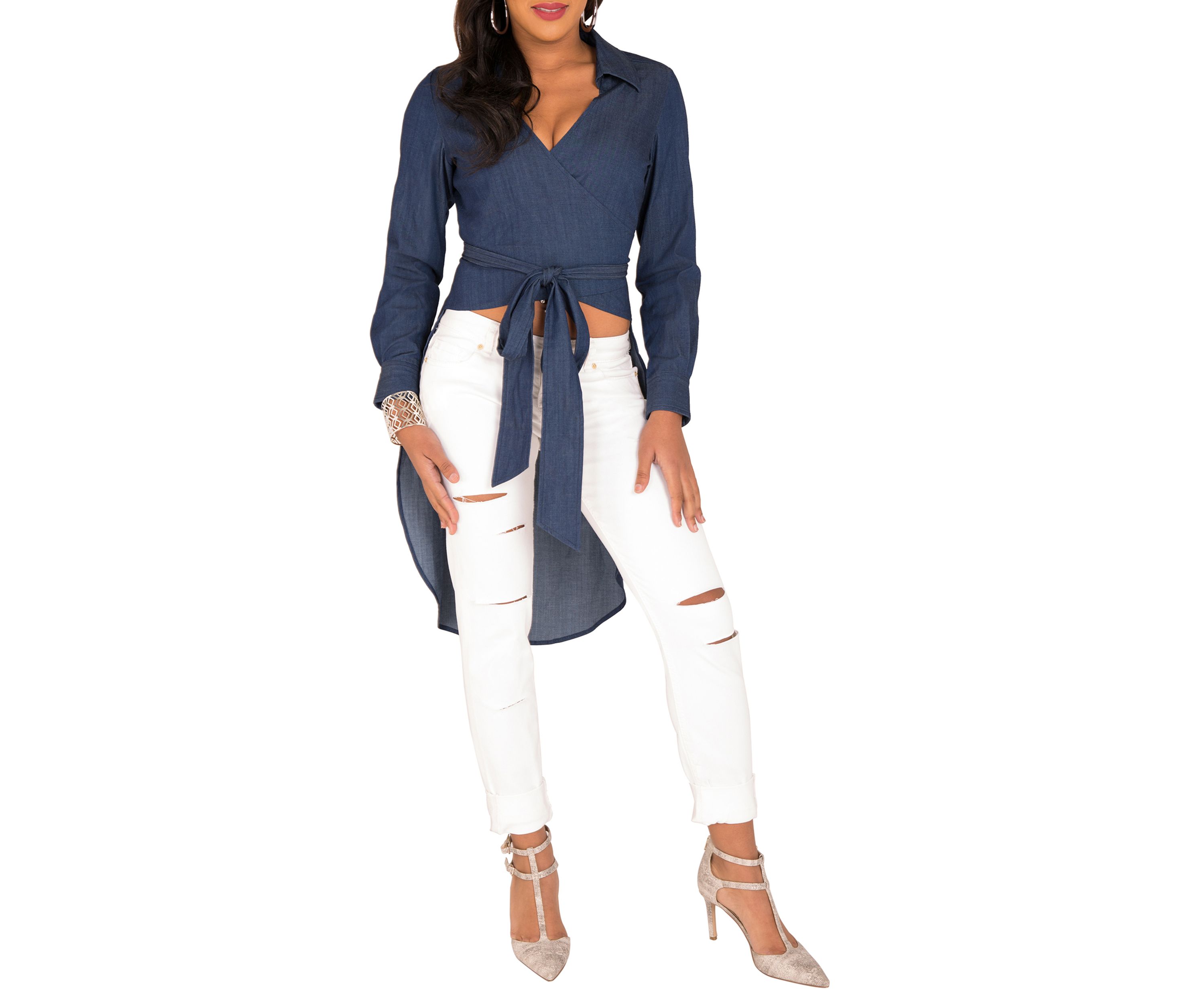 Poetic Justice Curvy Womens Tencel Denim High-Low Wrap Shirt With Fishtail