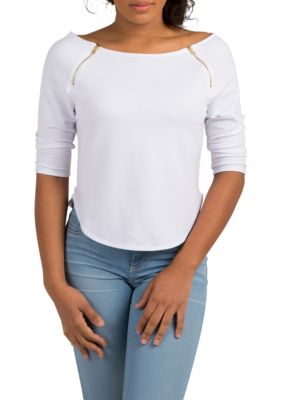 Poetic Justice Curvy Women's Black Short Sleeve Shirt Gold Zipper Shoulders