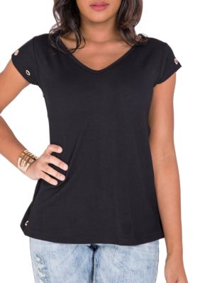 Poetic Justice Curvy Women's Black V-Back Cut Out Gold Grommets T-Shirt, Small