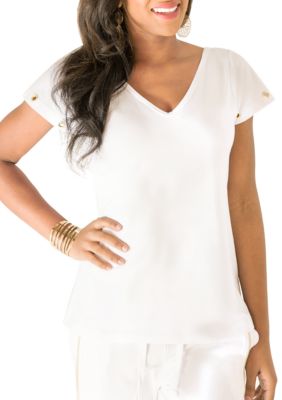 Poetic Justice Curvy Women's Black V-Back Cut Out Gold Grommets T-Shirt