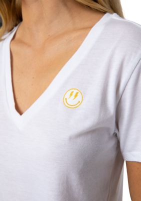Women's Short Sleeve Smiley V-Neck T-Shirt