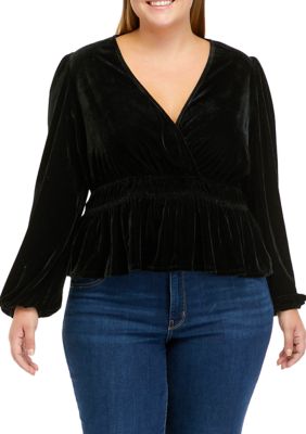 TRUE CRAFT Plus Size Long Sleeve Velvet Surplice Knit Top | Belk