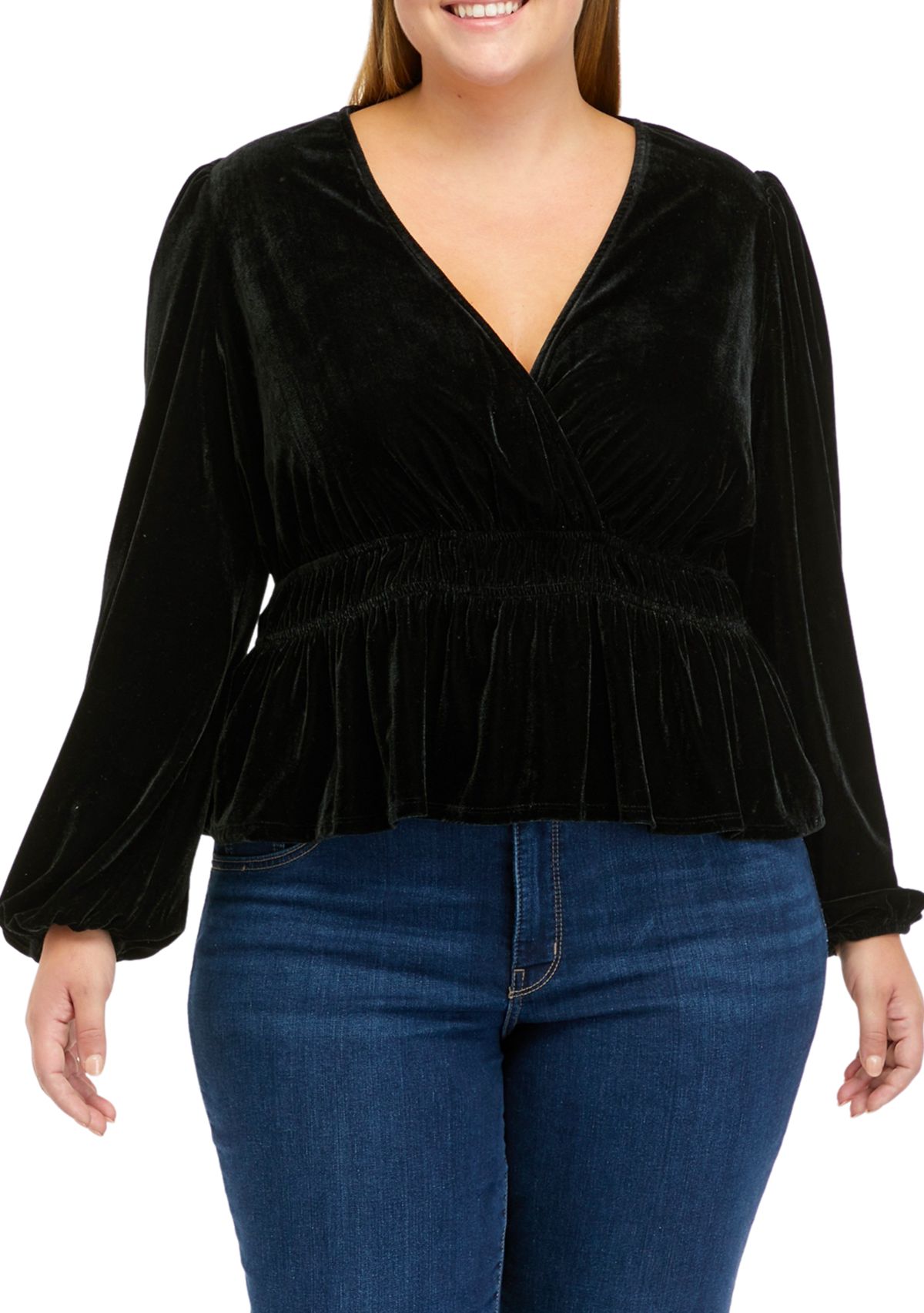 Plus Size Long Sleeve Velvet Surplice Knit Top