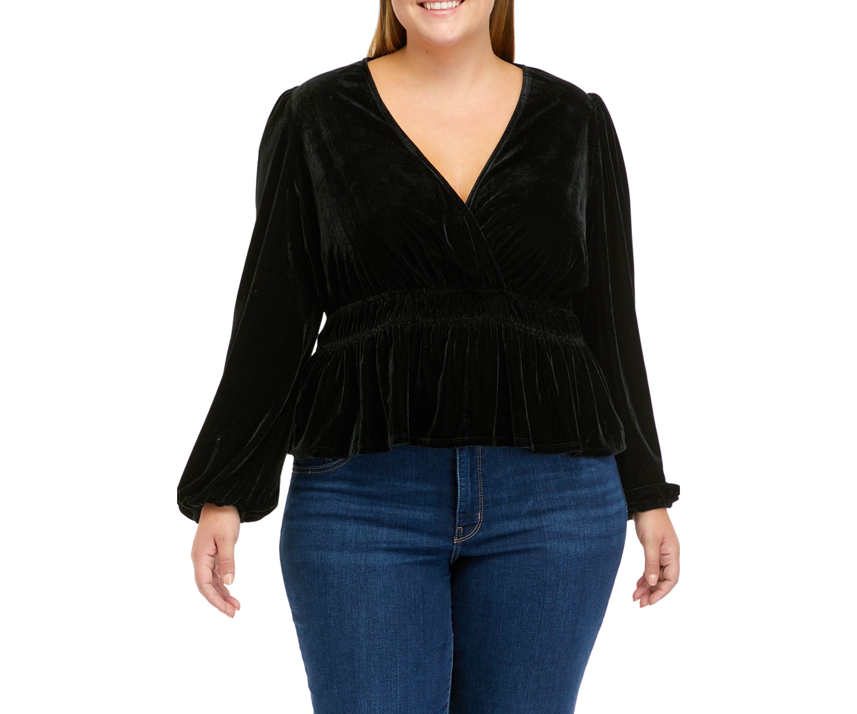 Plus Size Long Sleeve Velvet Surplice Knit Top