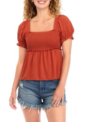 Self Esteem Juniors' Button-front Tiered Peasant Top In Almost