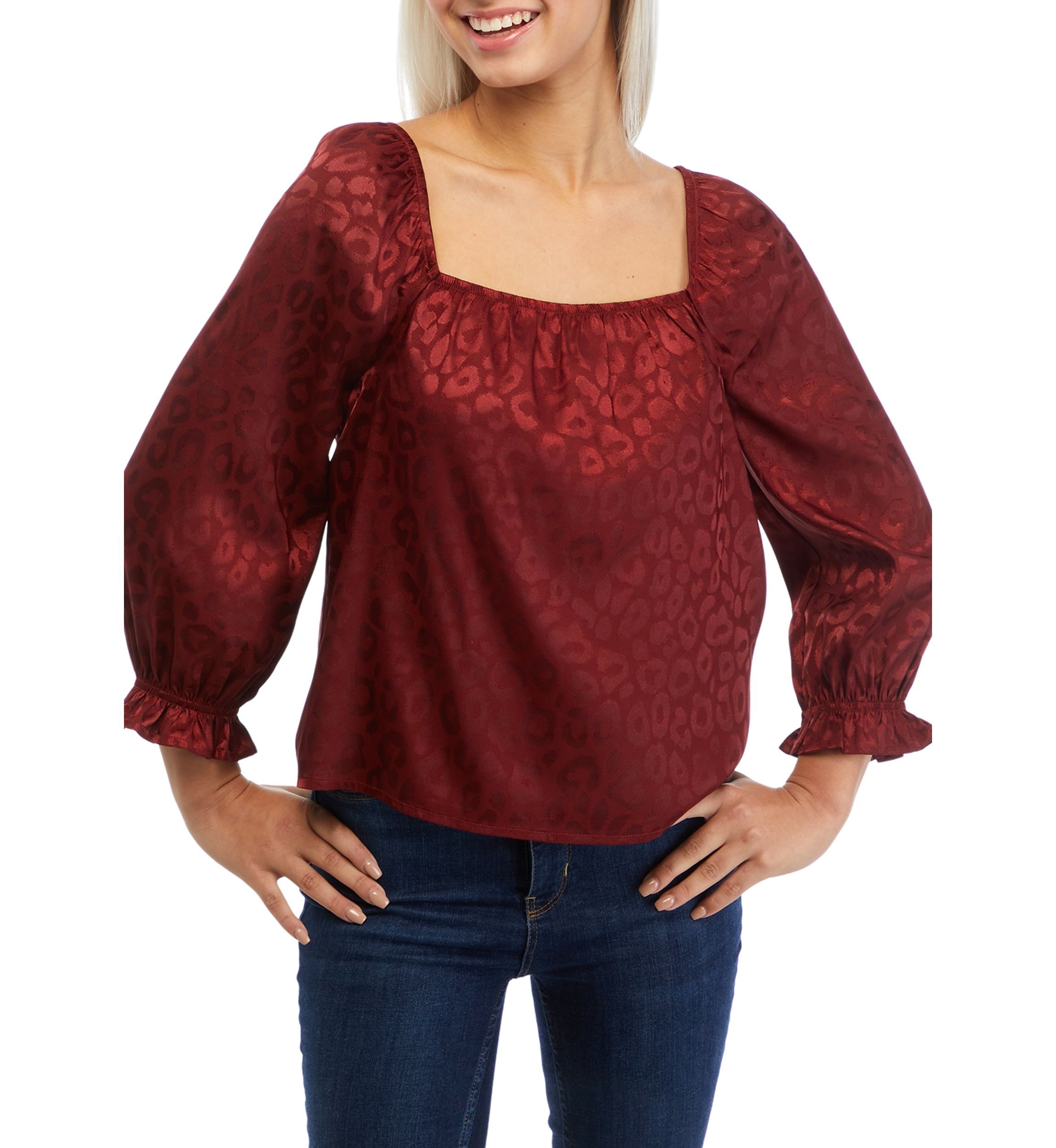 3/4 Sleeve Square Neck Satin Woven Top