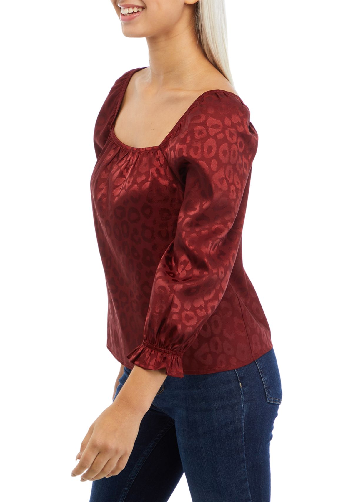 3/4 Sleeve Square Neck Satin Woven Top