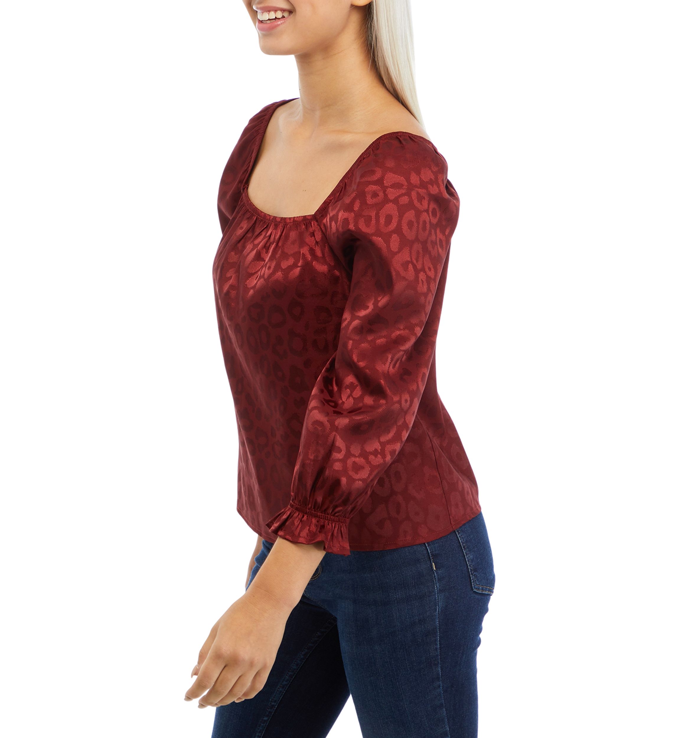 3/4 Sleeve Square Neck Satin Woven Top