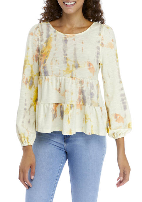  Long Balloon Sleeve Printed Tiered Knit Top 