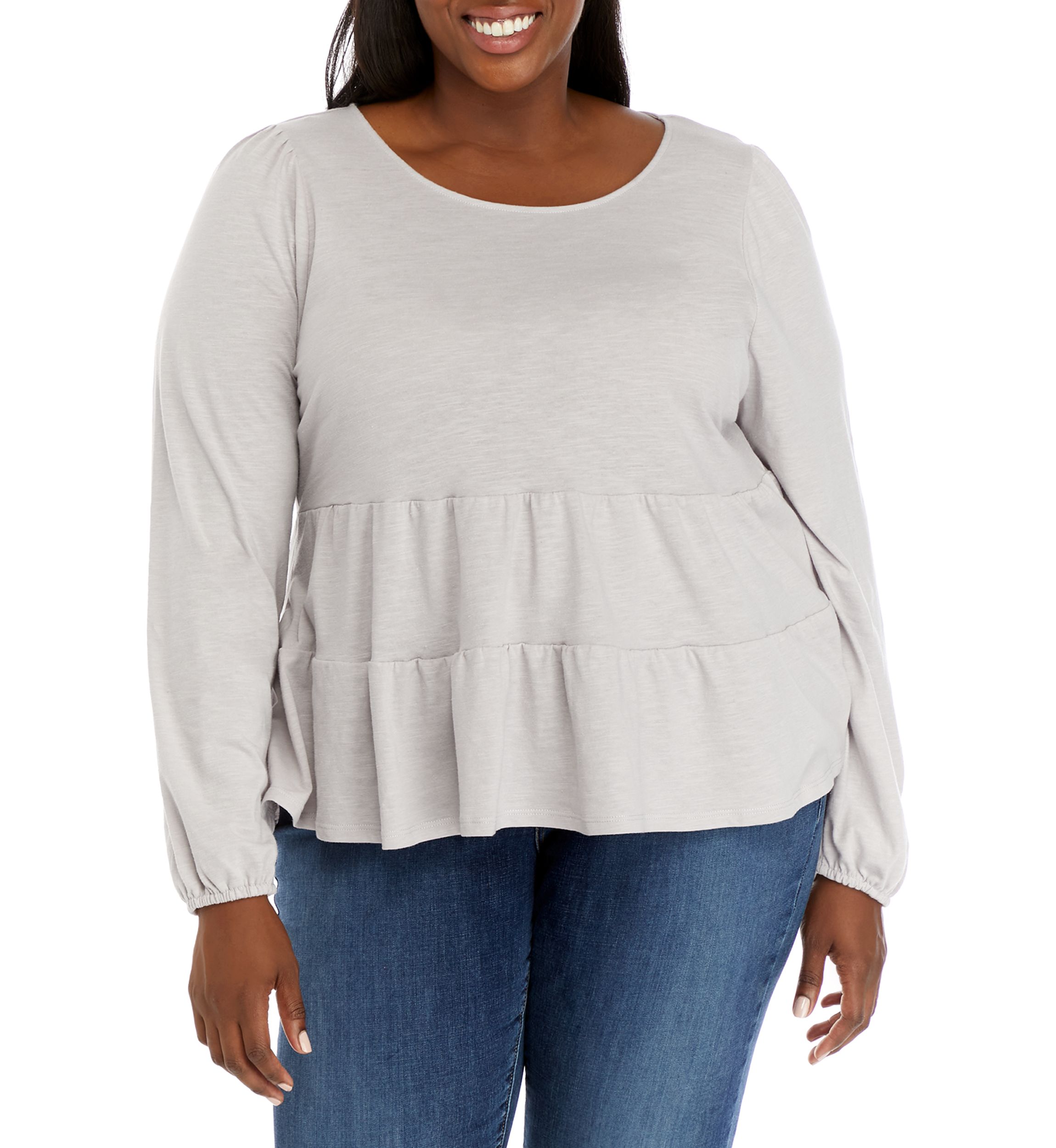 Plus Size Long Balloon Sleeve Tiered Knit Top 