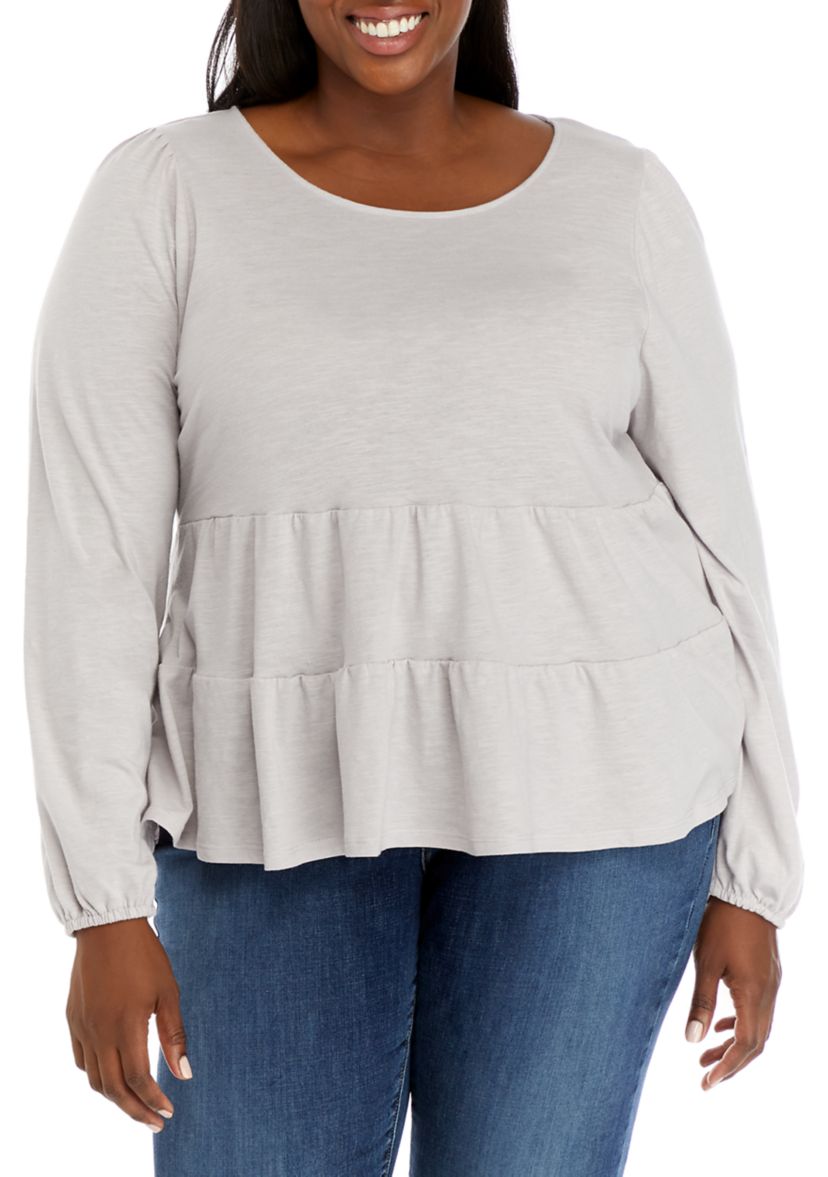 Plus Size Long Balloon Sleeve Tiered Knit Top 