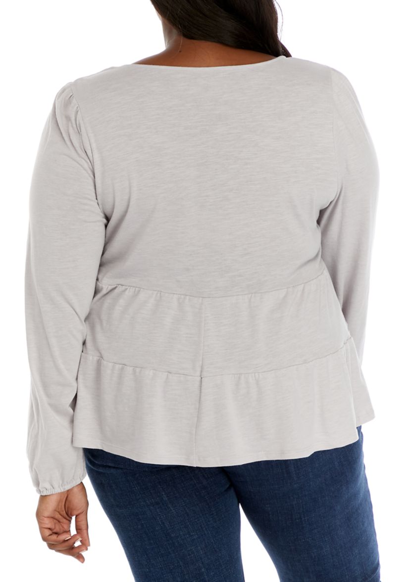 Plus Size Long Balloon Sleeve Tiered Knit Top 