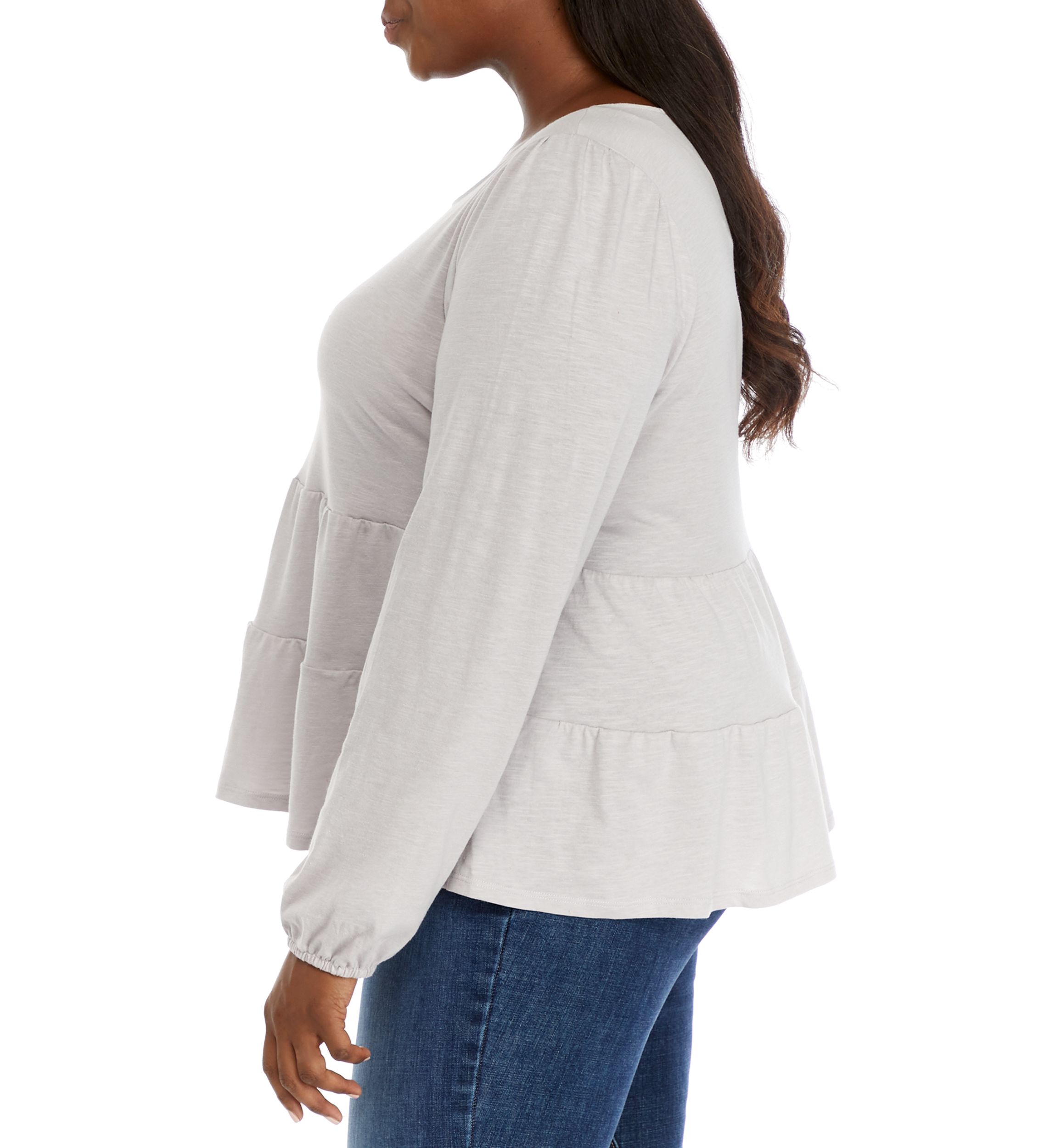 Plus Size Long Balloon Sleeve Tiered Knit Top 