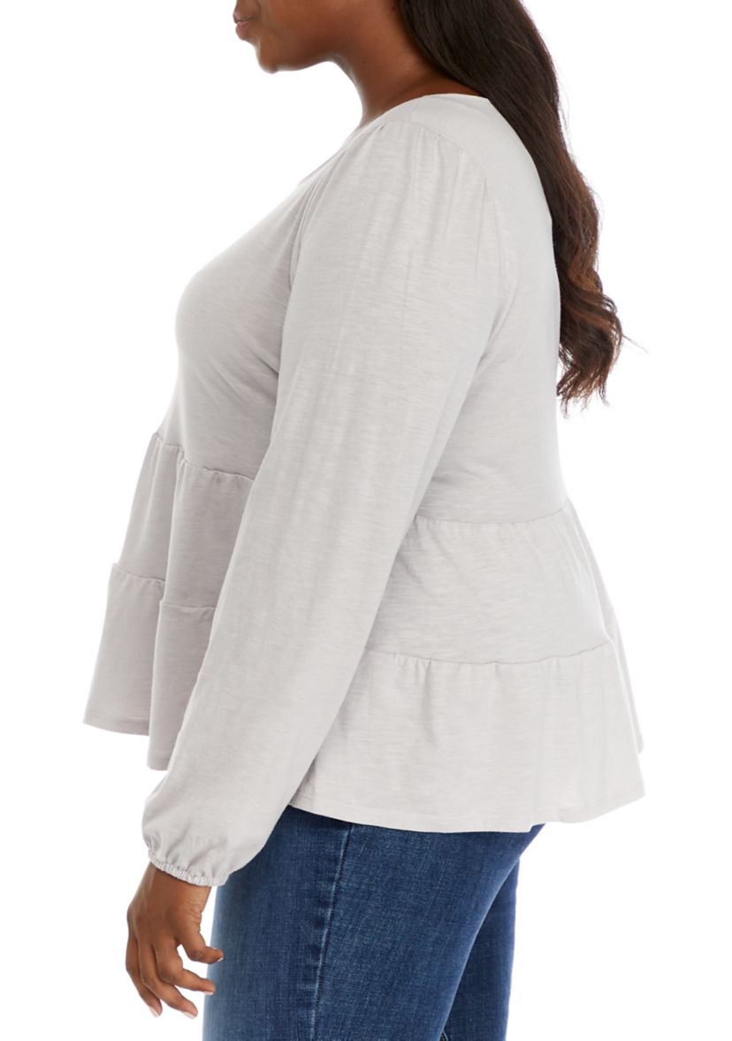 Plus Size Long Balloon Sleeve Tiered Knit Top 