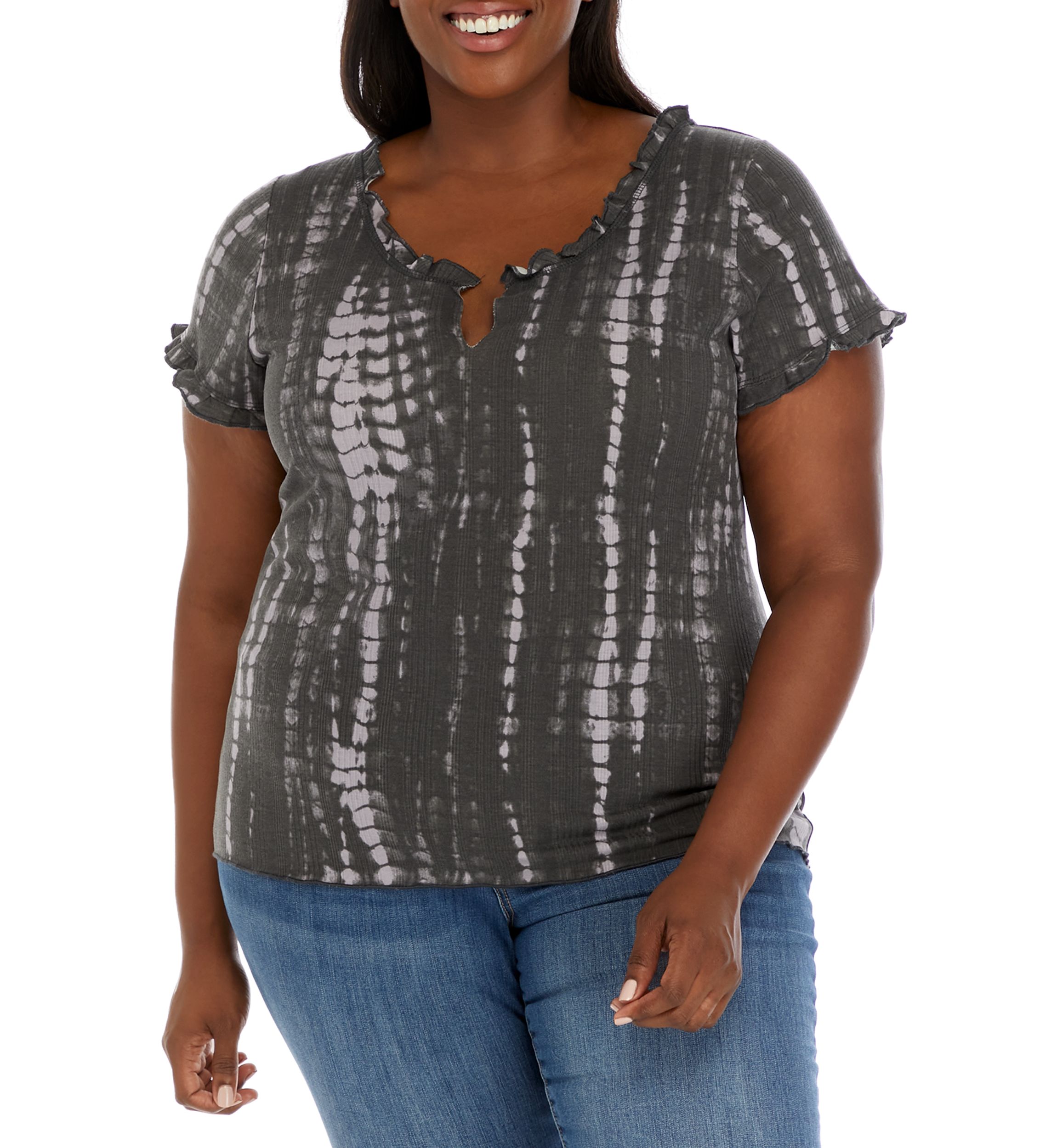 Plus Size Tie Dye Lettuce Edge Ribbed Top 