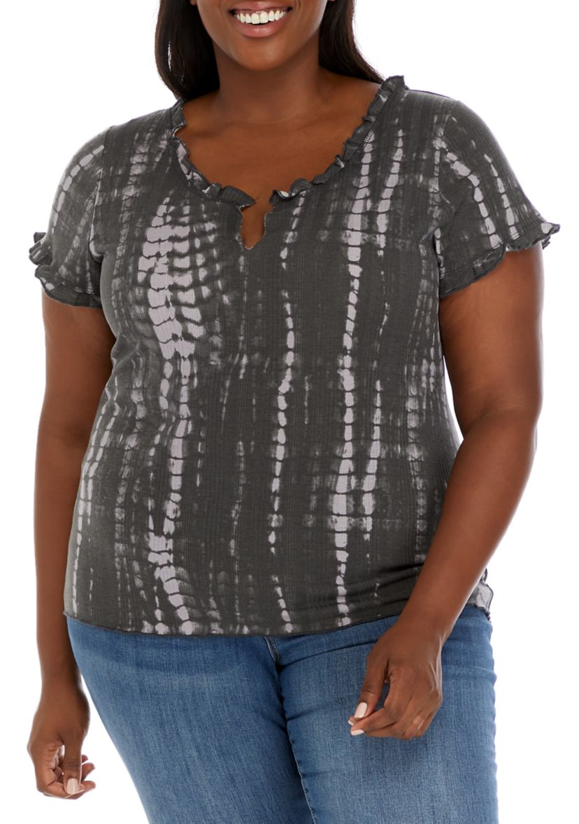 Plus Size Tie Dye Lettuce Edge Ribbed Top 