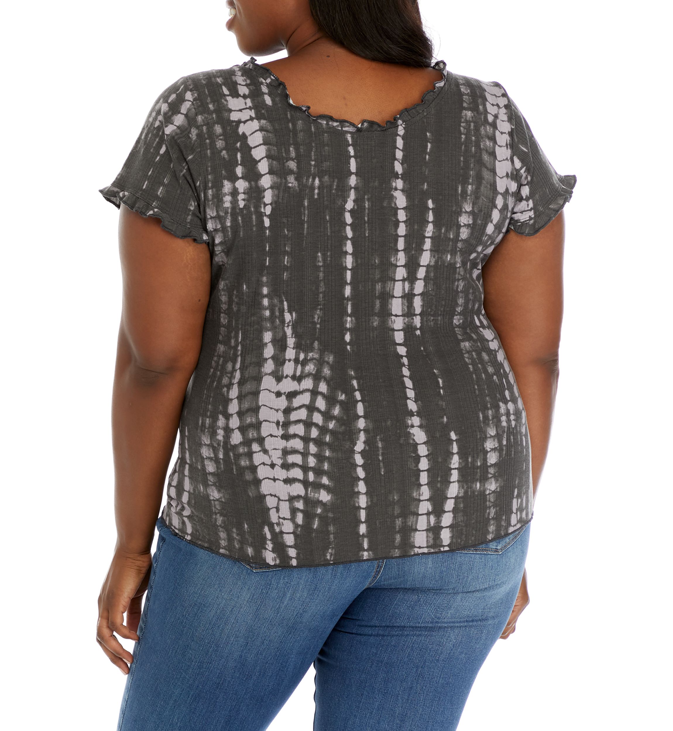 Plus Size Tie Dye Lettuce Edge Ribbed Top 